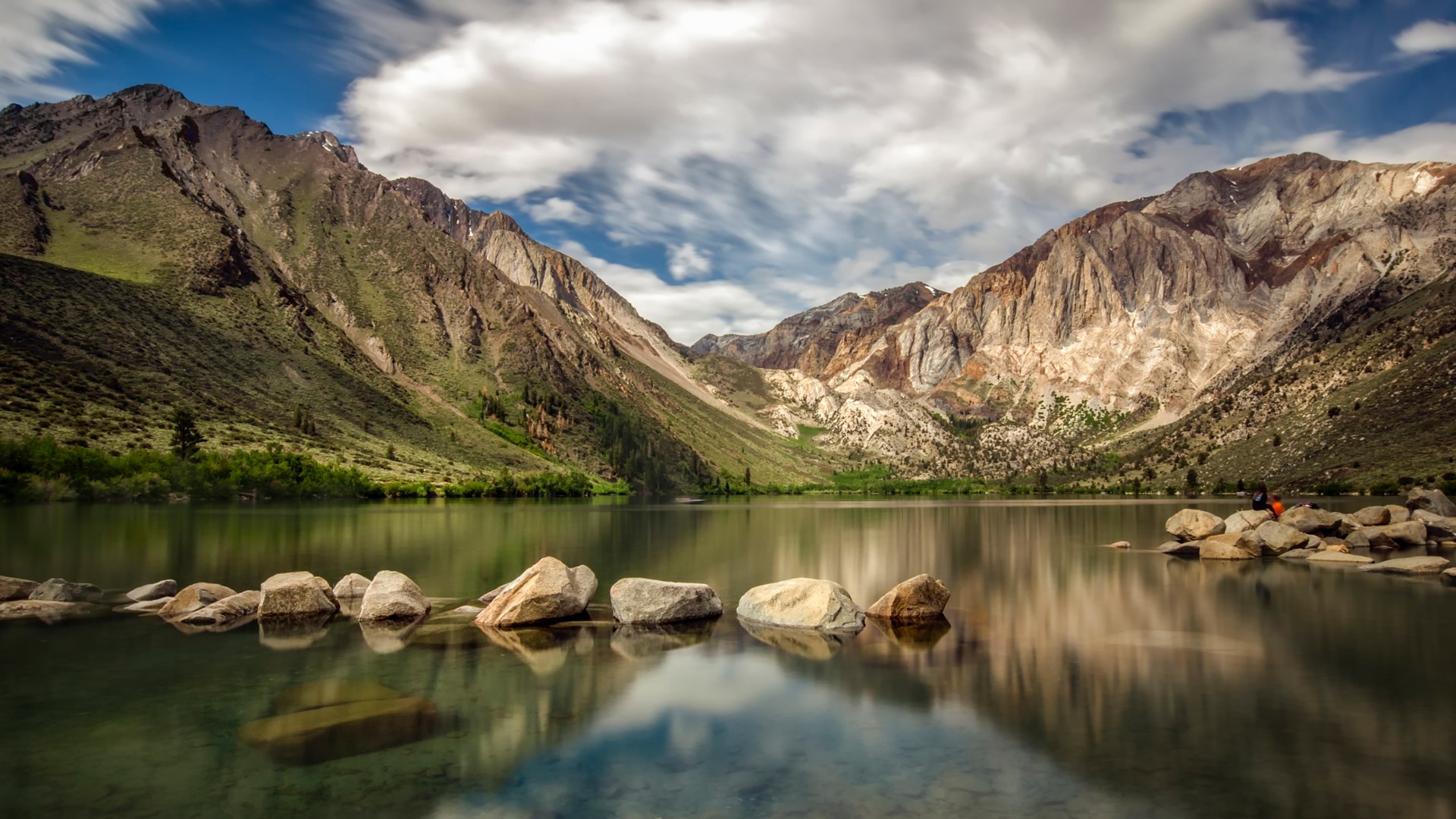 Nature Landscape Clouds Rocks Trees Clear Water Mountains Sky Long Exposure Convict Lake California  1920x1080