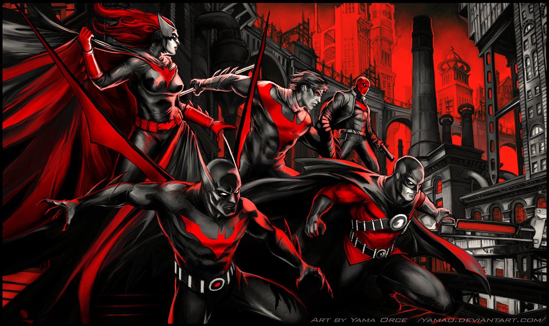 Artwork Fan Art Batman Batwoman Nightwing Red Hood Red Robin Batman Beyond 1920x1140