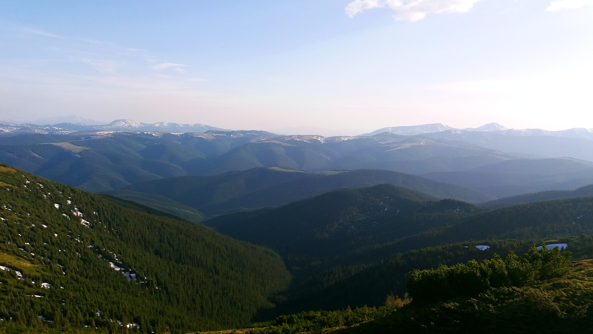 Nature Mountains Snowy Peak Forest Far View Shadow Sky Landscape Carpathians Ukraine 1920x1080