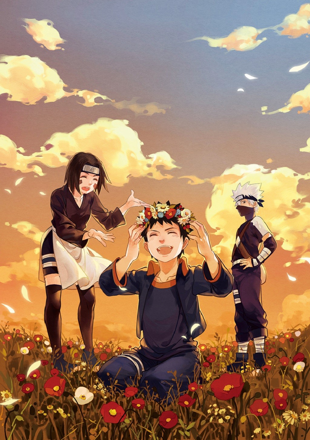 Artwork Nohara Rin Hatake Kakashi Uchiha Obito Flowers Anime Naruto Shippuuden Wreaths 1024x1453