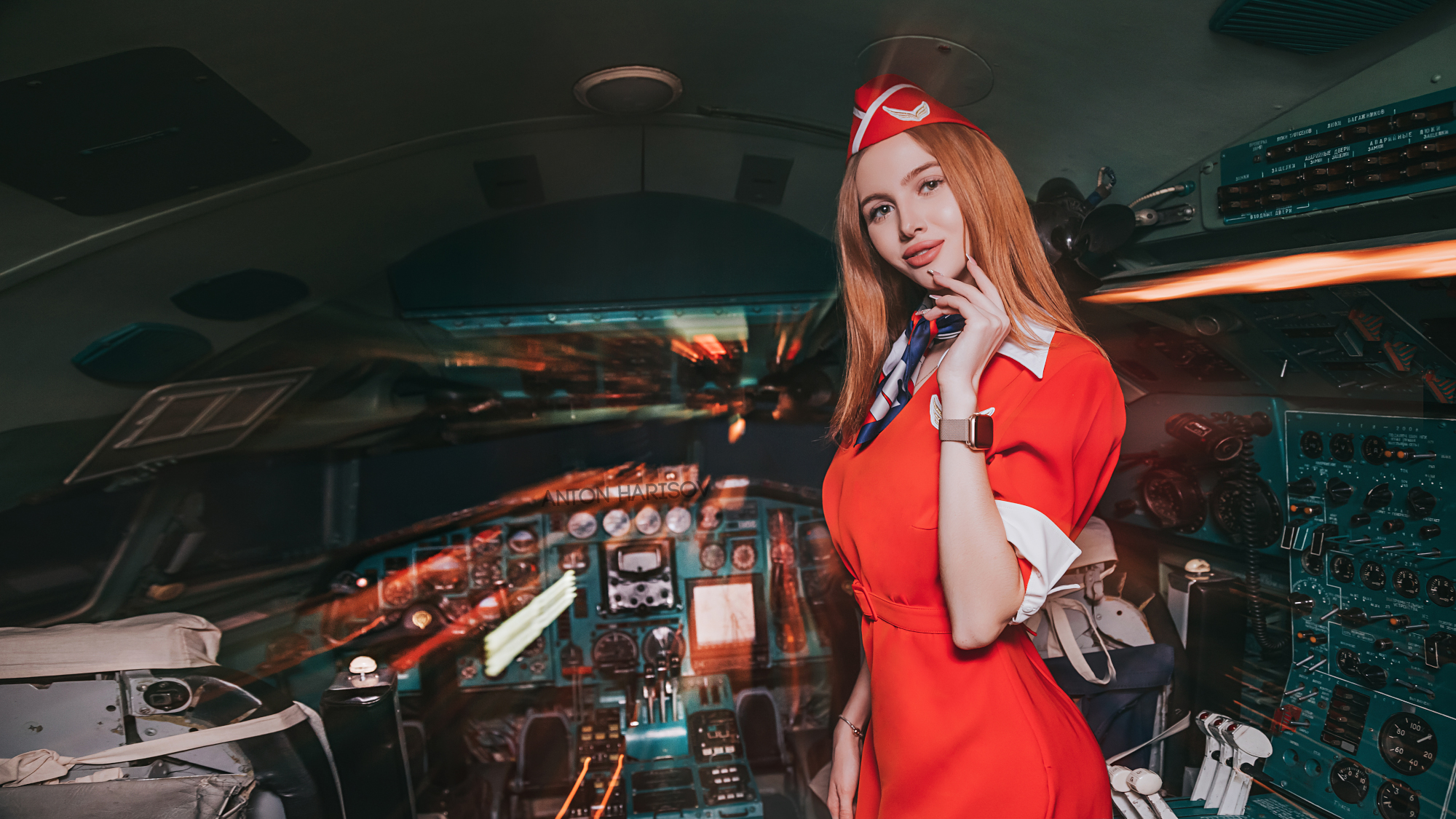 Women Model Brunette Portrait Airplane Stewardess Cockpit Dress Red Dress Painted Nails Watch Lookin 2000x1125