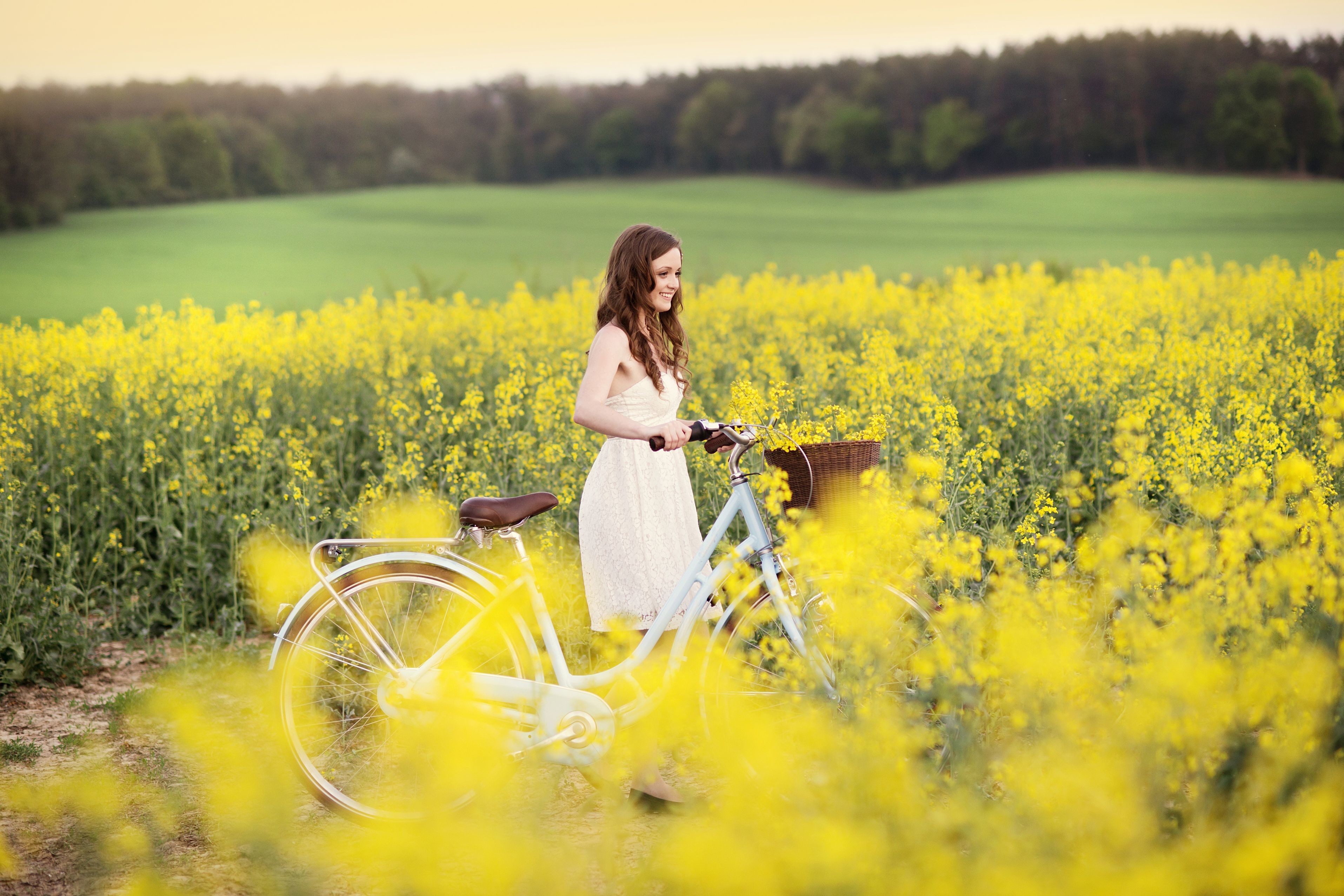 Women Model Bicycle Field Yellow Flowers Rapeseed Women With Bicycles 3830x2556