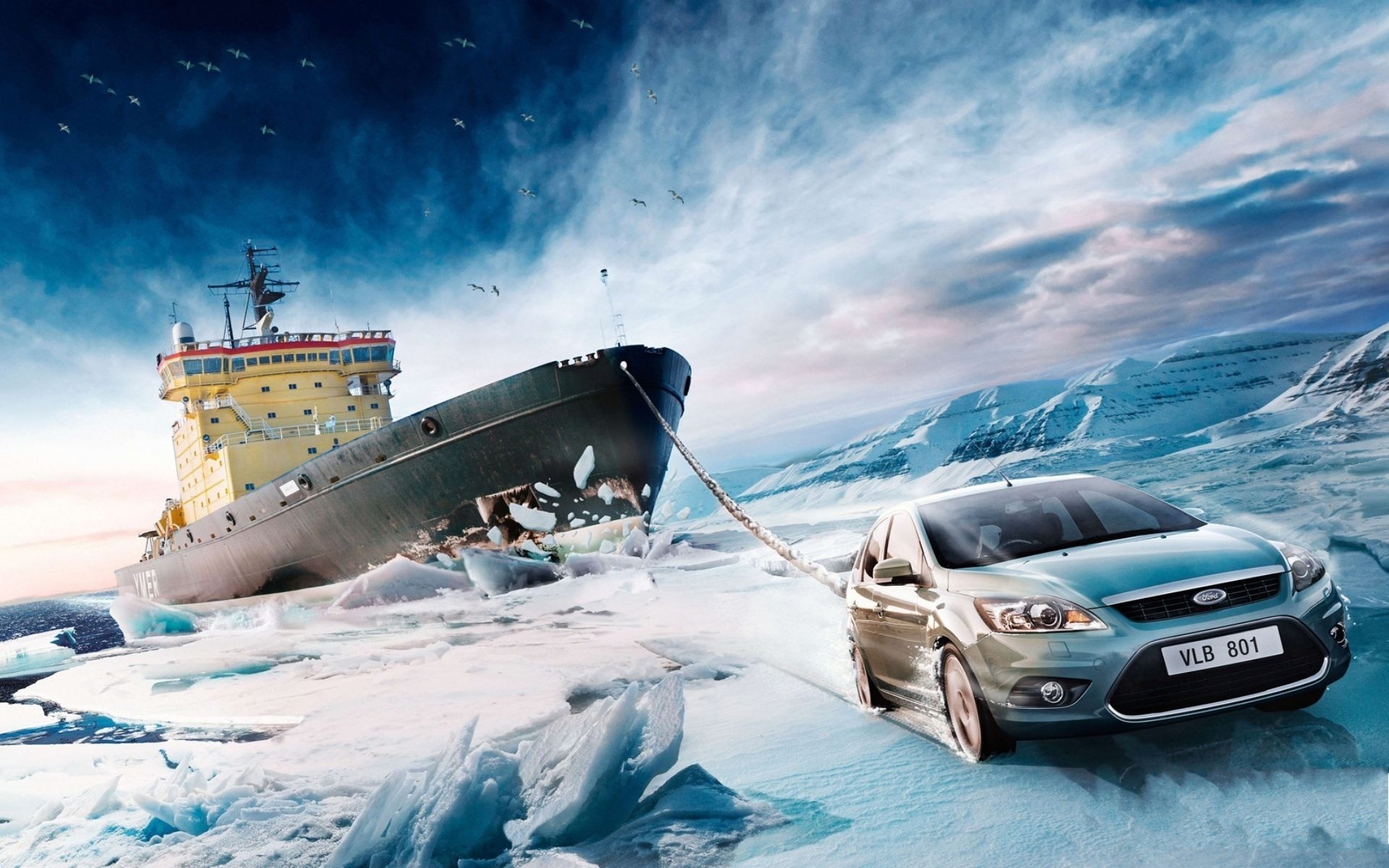Vehicle Car Ford Ford Focus Ship Iceberg Ropes Sea Winter Snow Photo Manipulation Commercial Icebrea 1920x1200