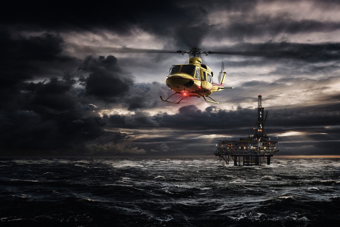 Artwork Digital Art Helicopter Vehicle Oil Rig Sea Clouds Dark Sky 1440x960