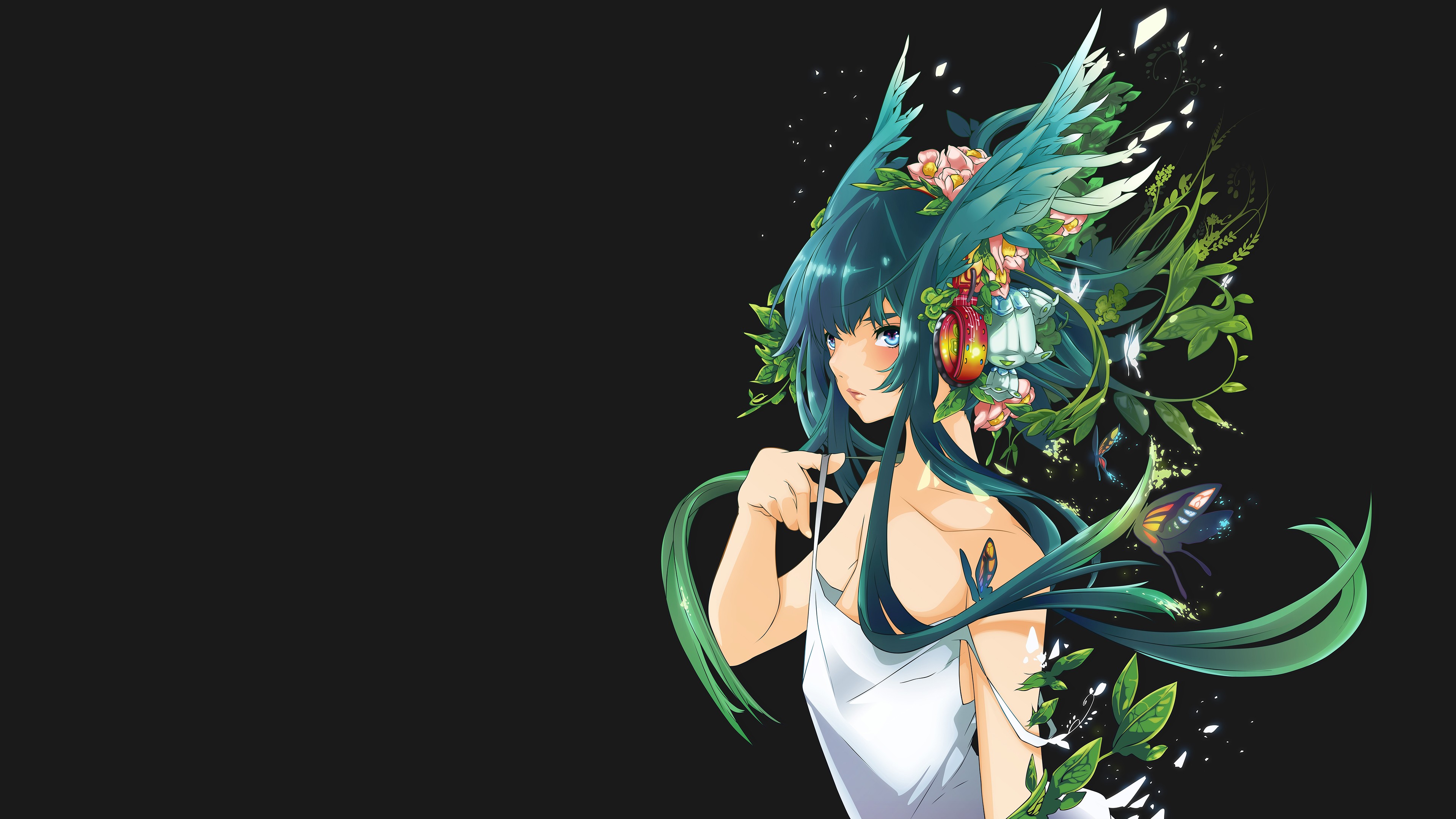 Anime Girls Saya Saya No Uta Simple Background Leaves Flowers Long Hair Green Hair Dress 3840x2160