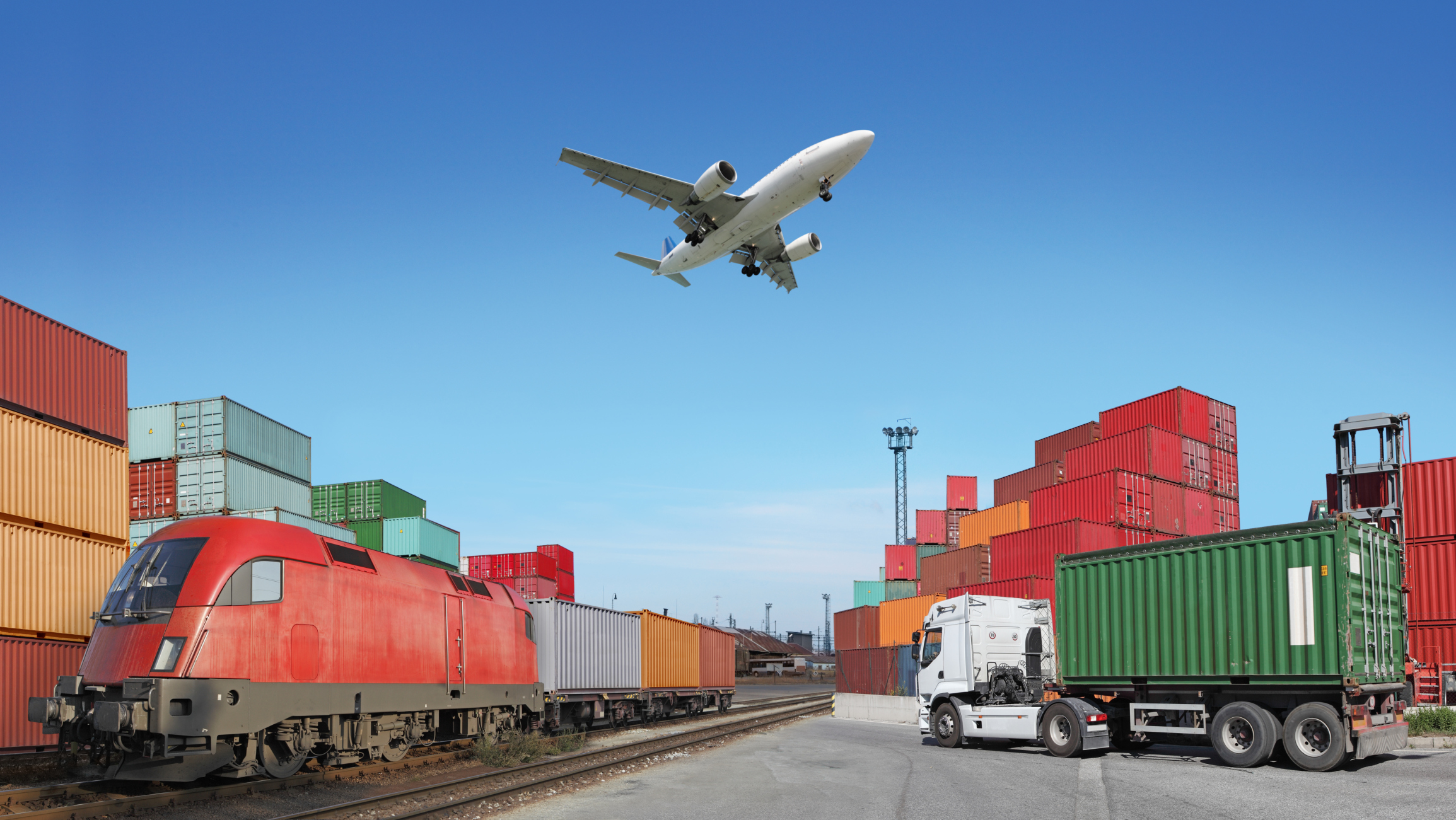 Containers Airplane Sky Colorful Truck Vehicle Railway Train Diesel Locomotive Clear Sky Industrial 2309x1301