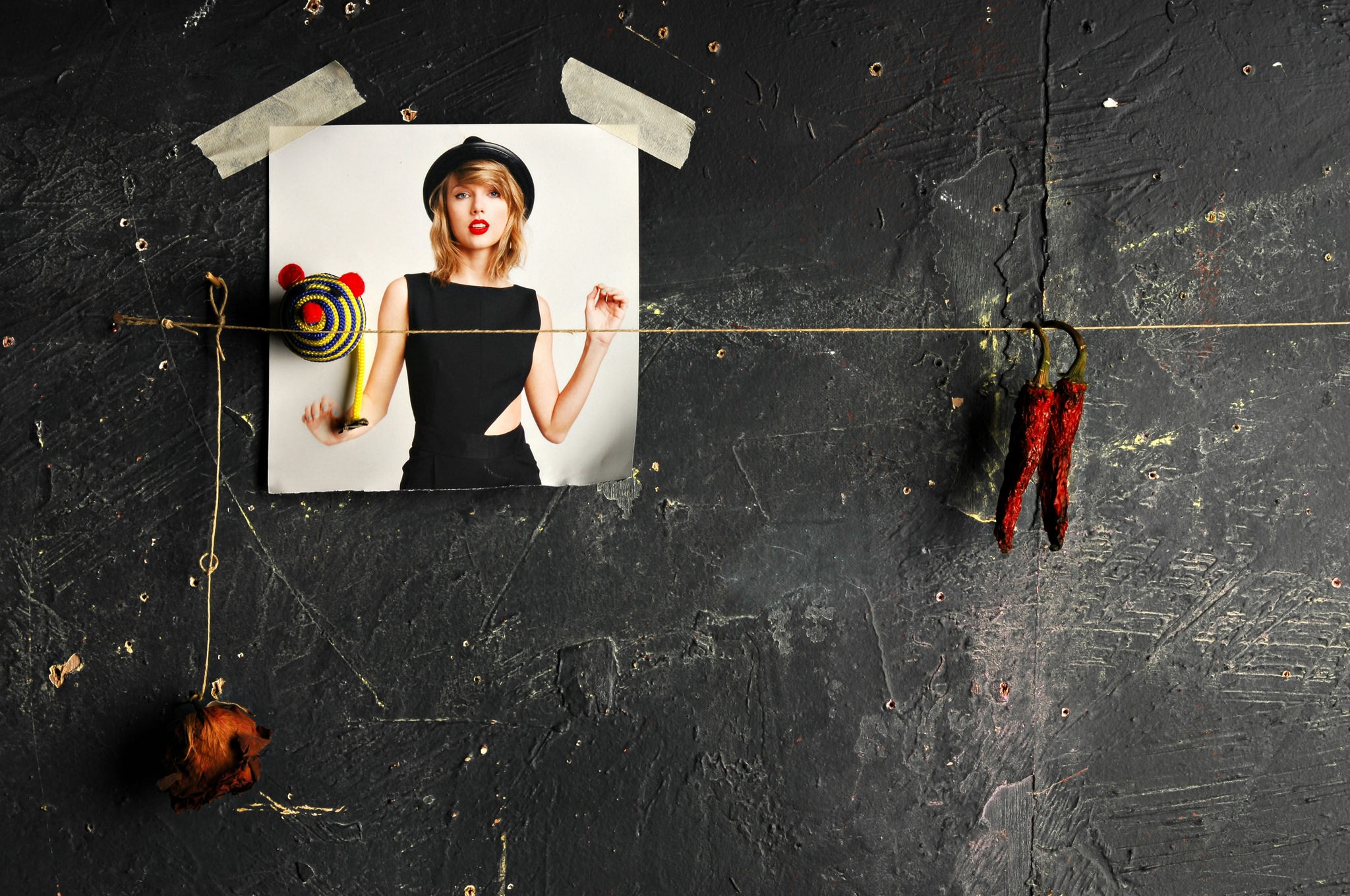 Still Life Picture Women Wall Red Lipstick Blonde Hat Tape Flowers Chilli Peppers 2048x1360
