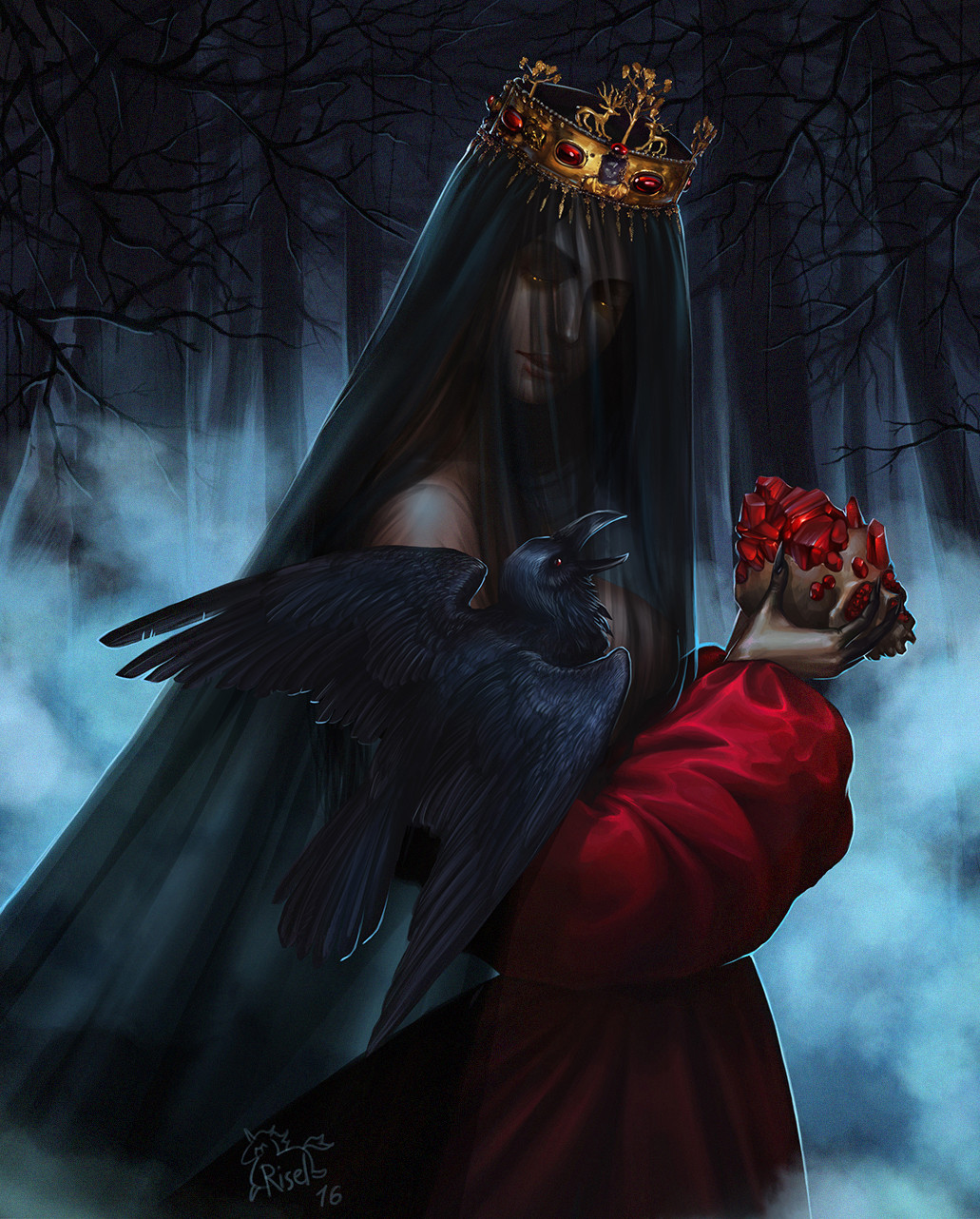 Tate S Women Crow Veils Brunette Red Dress Night Skull Fantasy Girl Dark Fantasy Glowing Eyes Animal 1031x1282