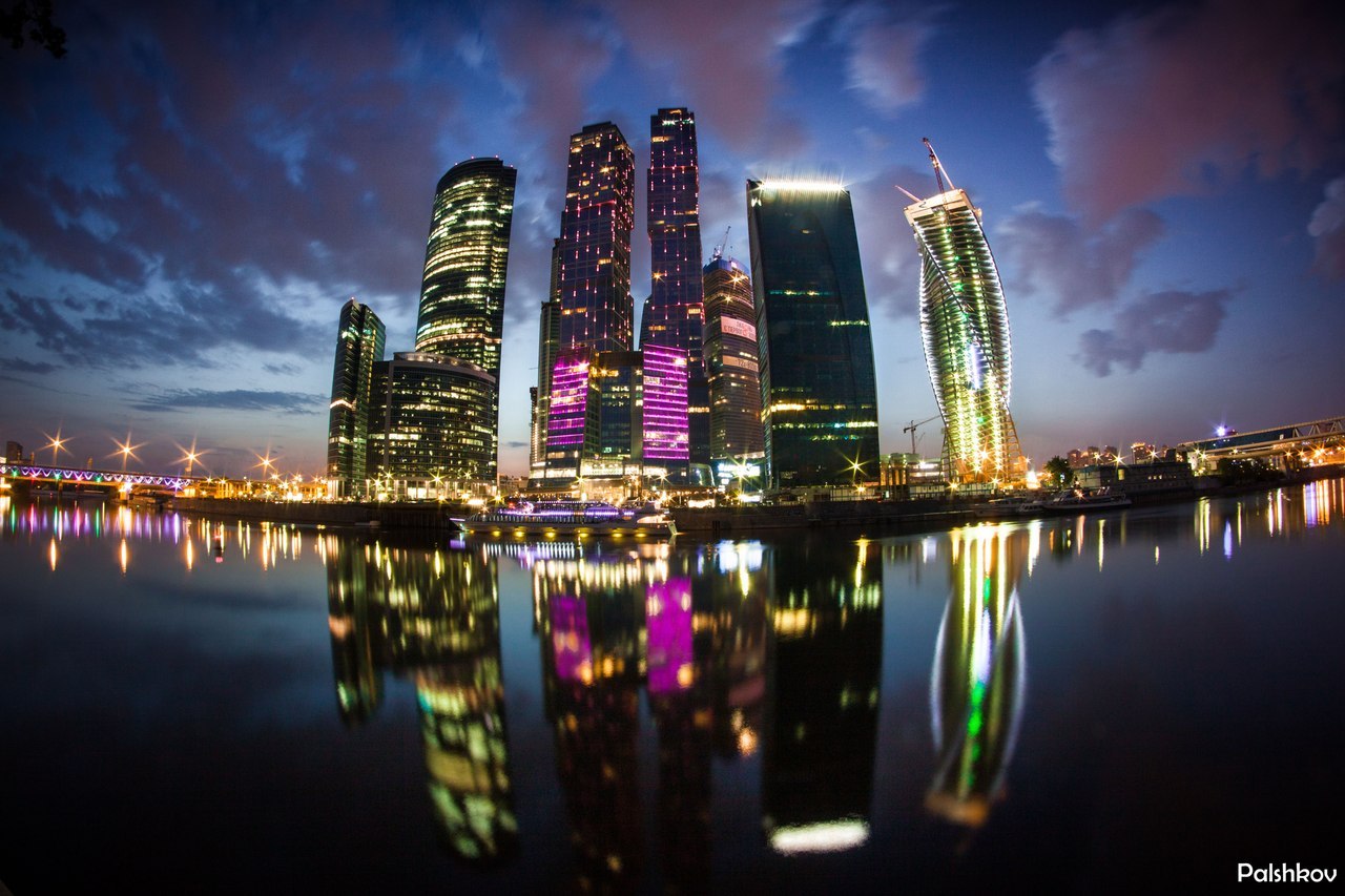 Moscow City Moscow Cityscape Lights Reflection 1280x853