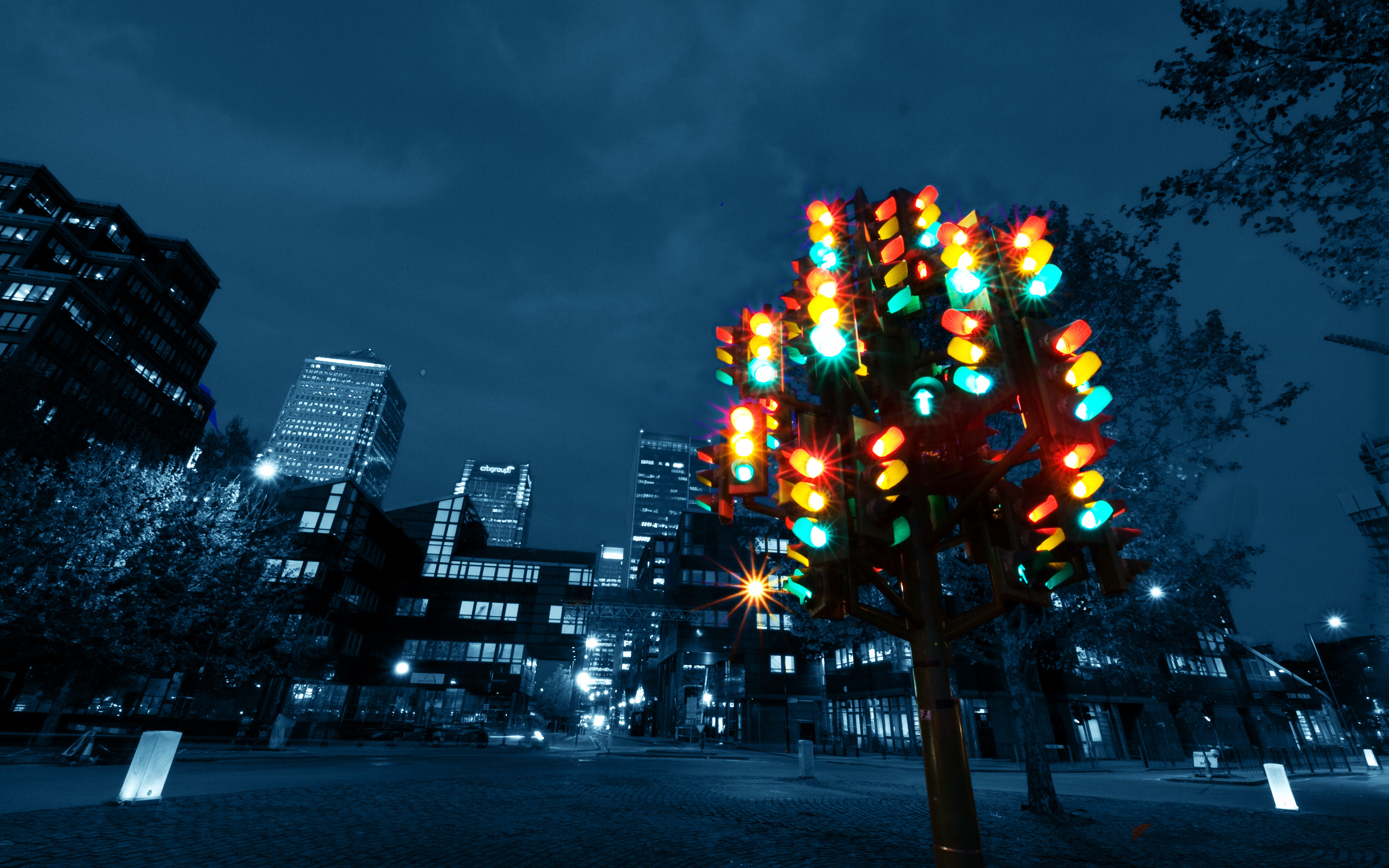 Time Lapse Night Light Selective Color City Building Architecture 2560x1600