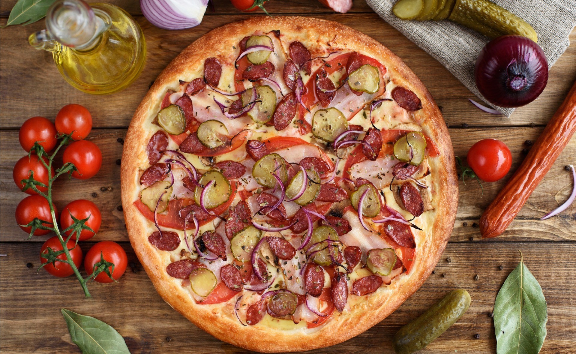 Pizza Food Tomatoes Olive Oil Vegetables 1920x1180