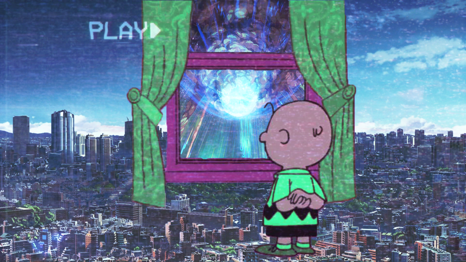 Vaporwave Charlie Brown Cityscape Video Tape Peanuts Comic 1920x1080