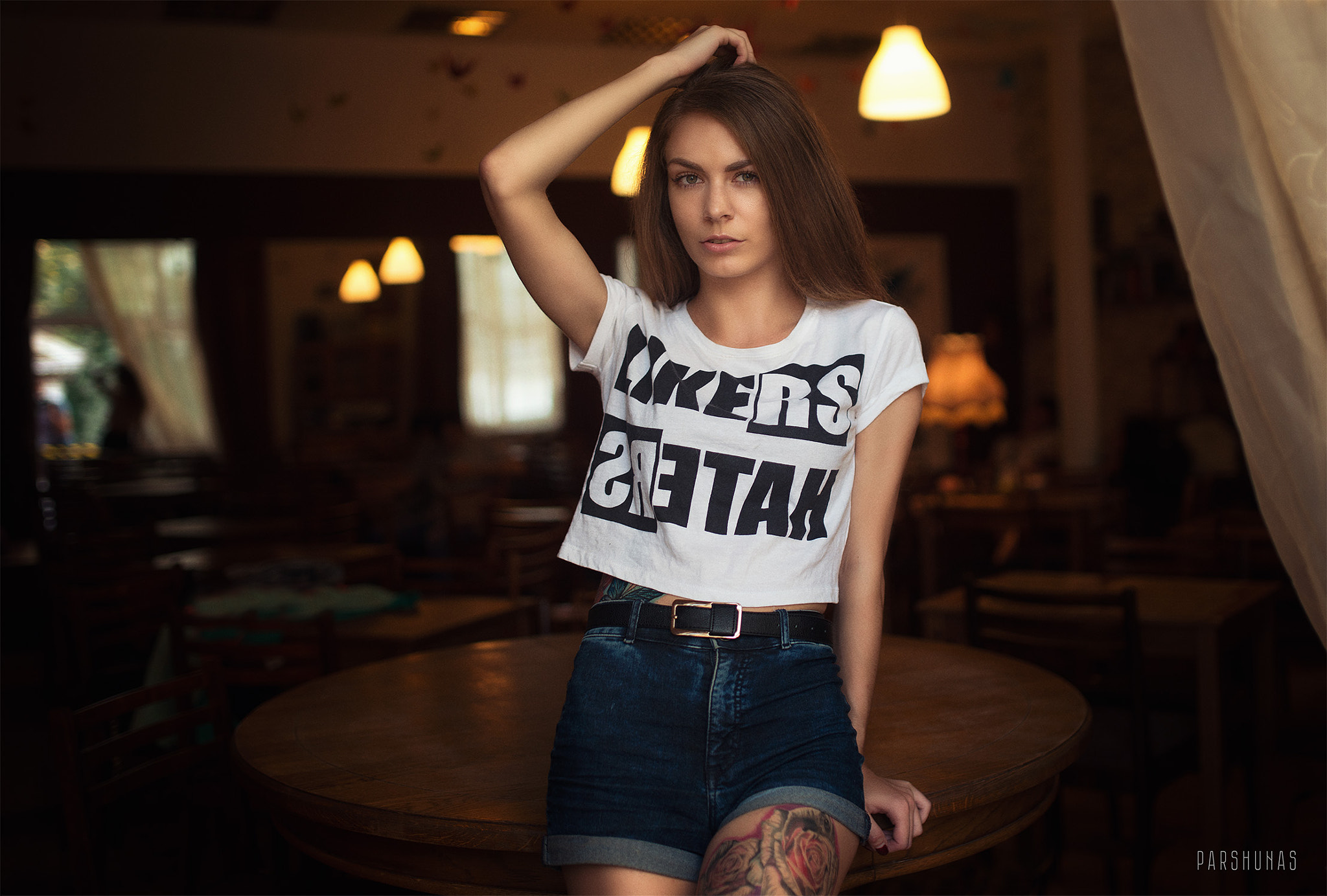 Women Anton Parshunas Brunette White Shirt Tattoo Hands In Hair Looking At Viewer 2048x1384