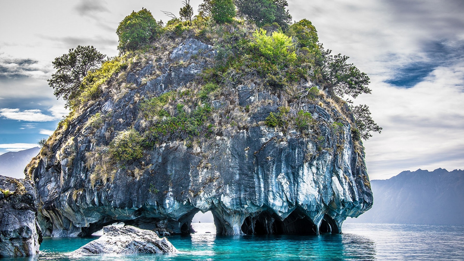 Nature Landscape Marble Cathedral Rock Lake Island Trees Shrubs Patagonia Chile Erosion Cave Turquoi 1920x1080