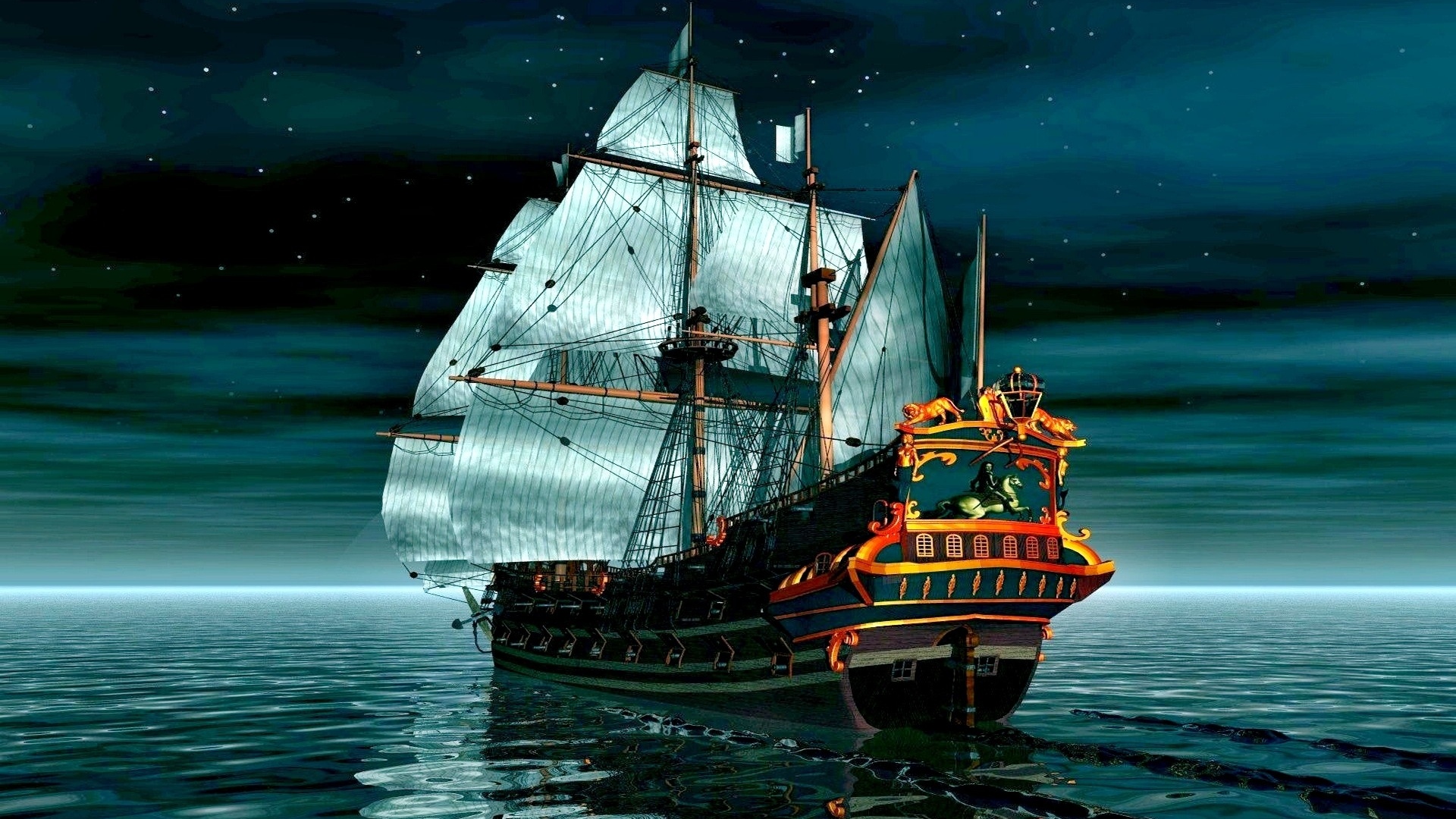 Sailing Ship Sea Moon Rays Night Digital Art 1920x1080