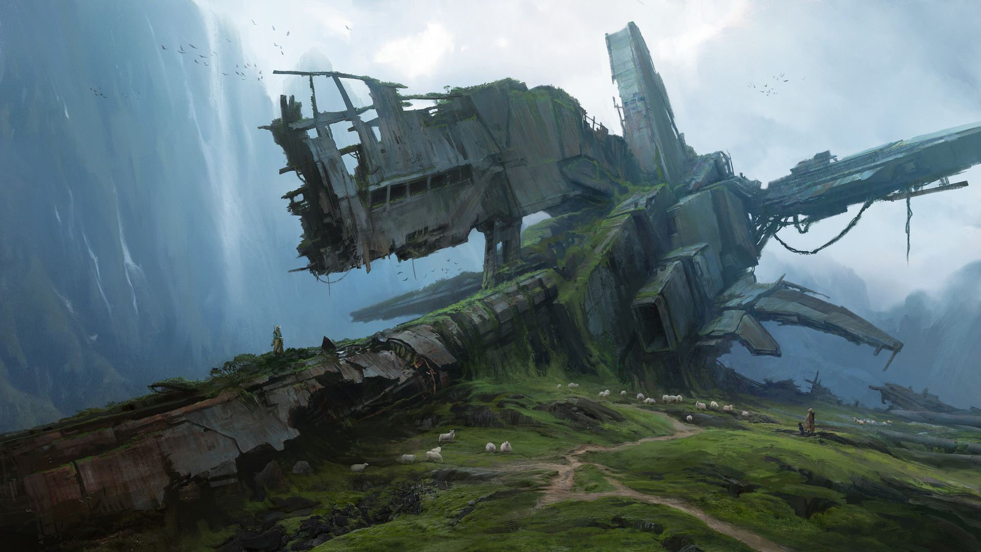 Crash Ruins Overgrown Sheep Spaceship Mountains 1920x1080