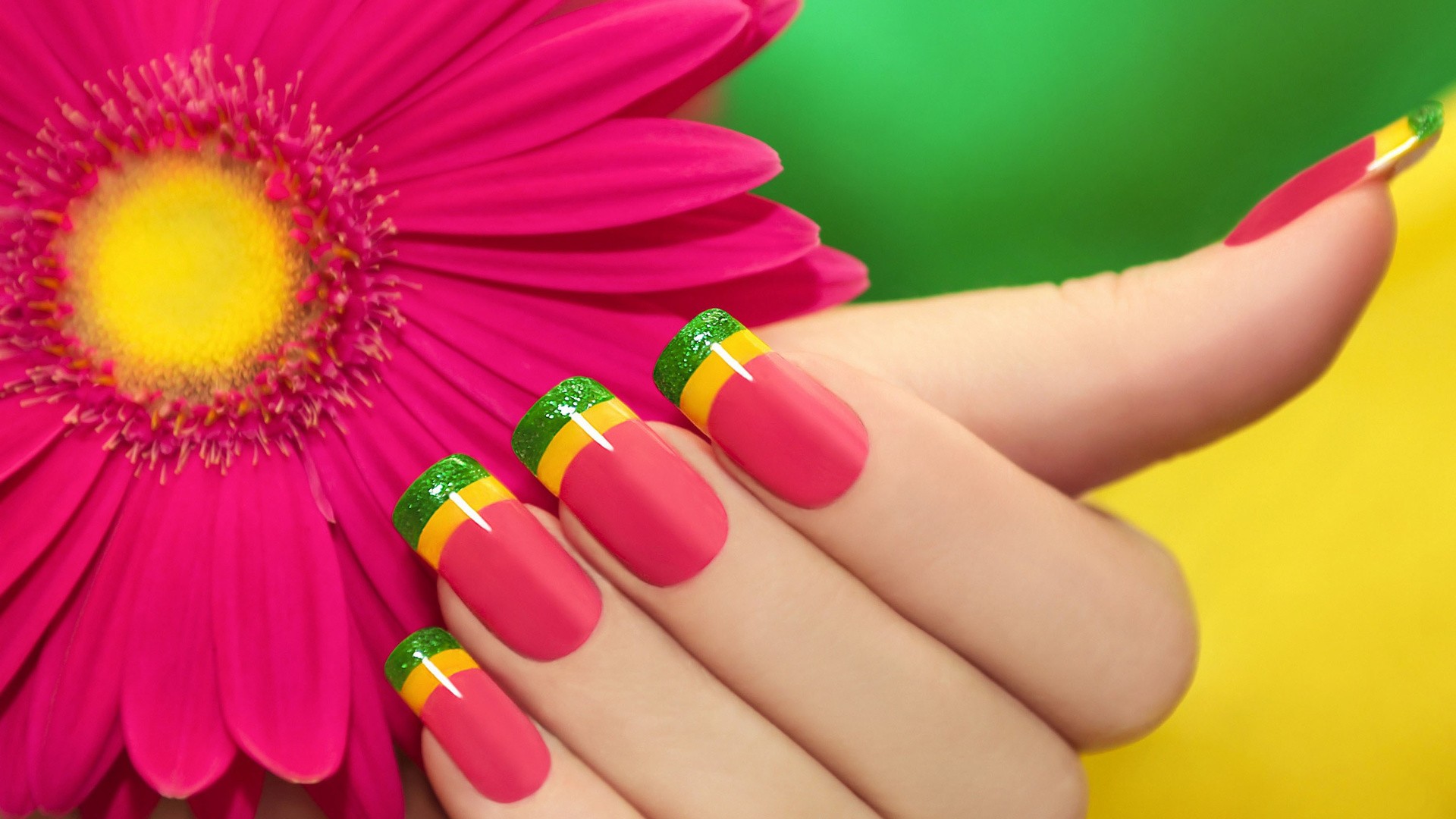 Colorful Flowers Hands Fingers Long Nails Depth Of Field Pink Nails Shiny Petals Acrylic Nails Manic 1920x1080