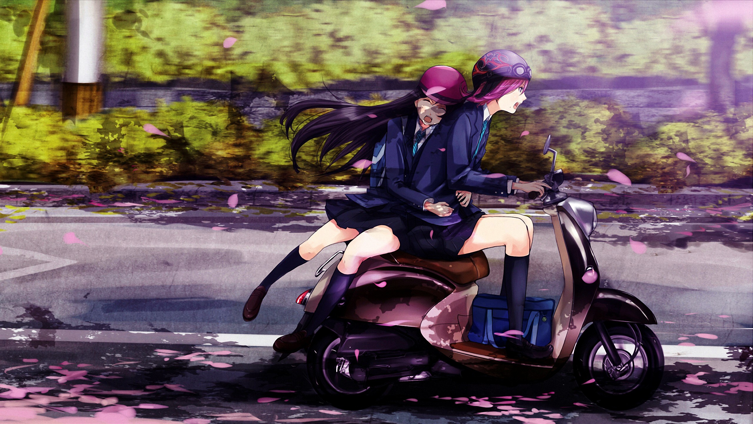 Fantasy Art Anime Girls Mopeds School Uniform Helmet Original Characters 2560x1440