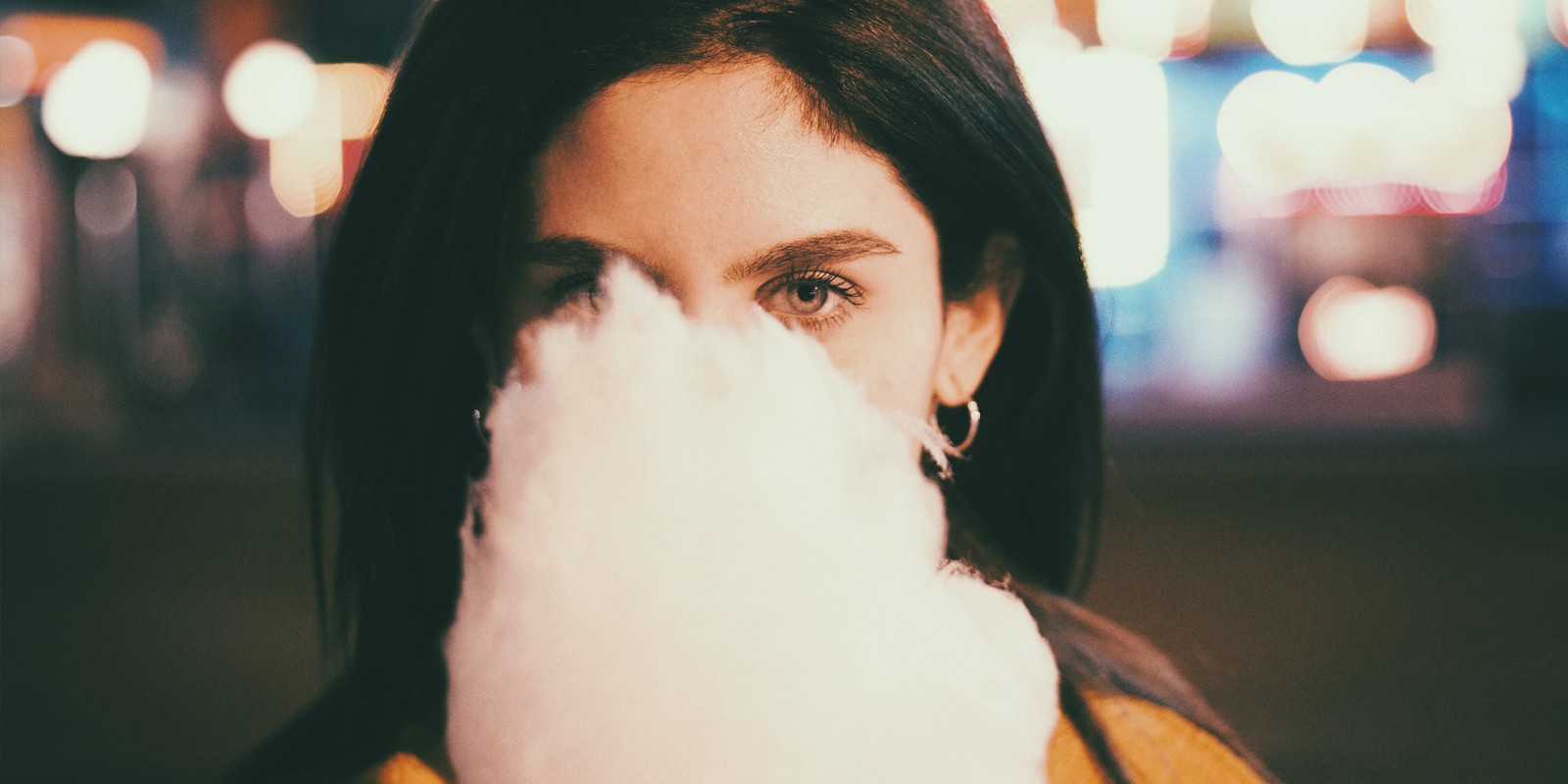 Women Eyes Brunette Cotton Candy Covering Face 1600x800