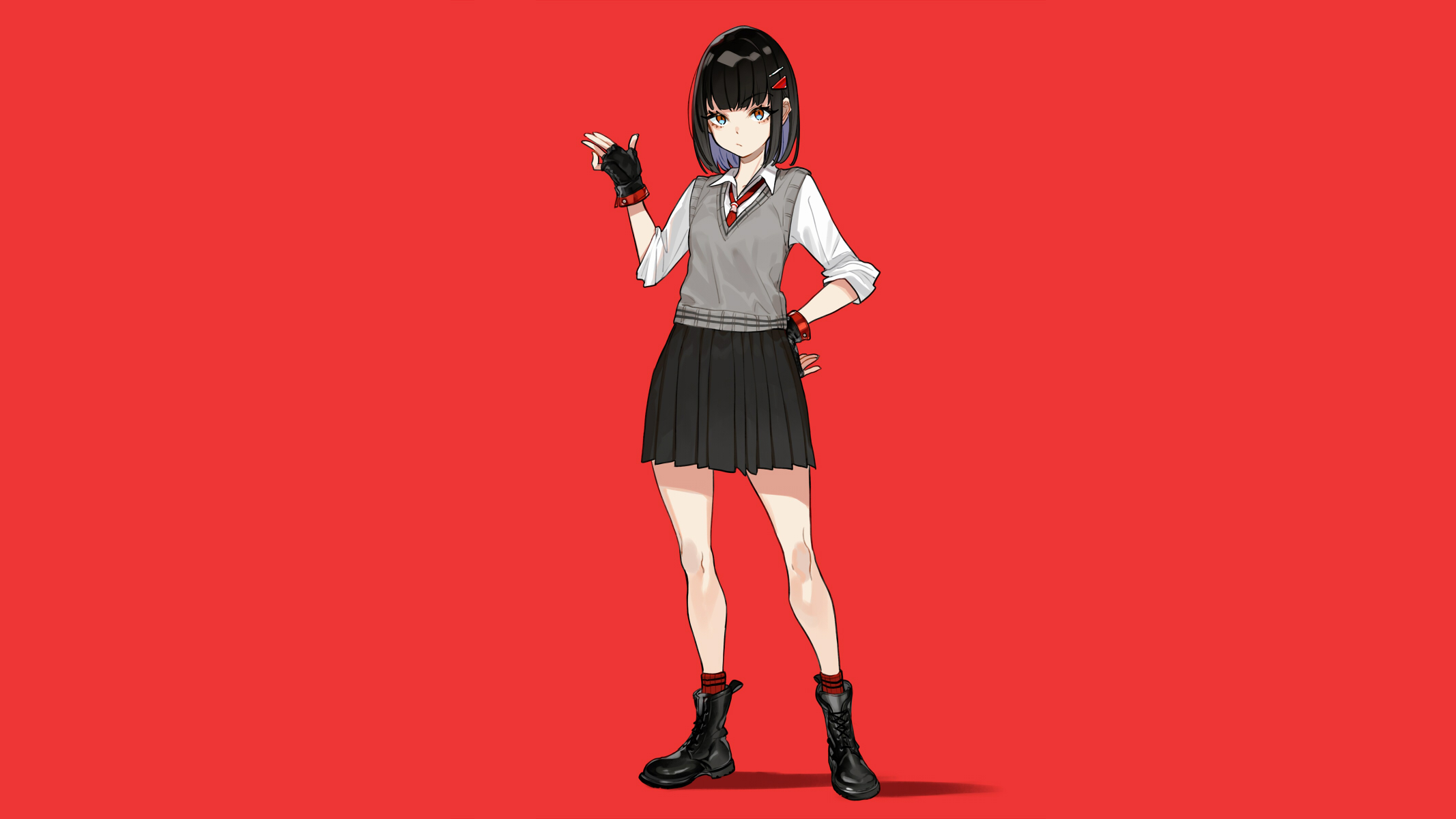 Anime Girls Anime Original Characters Red Background Schoolgirl School Uniform Brunette Hair Pins Lo 2133x1200