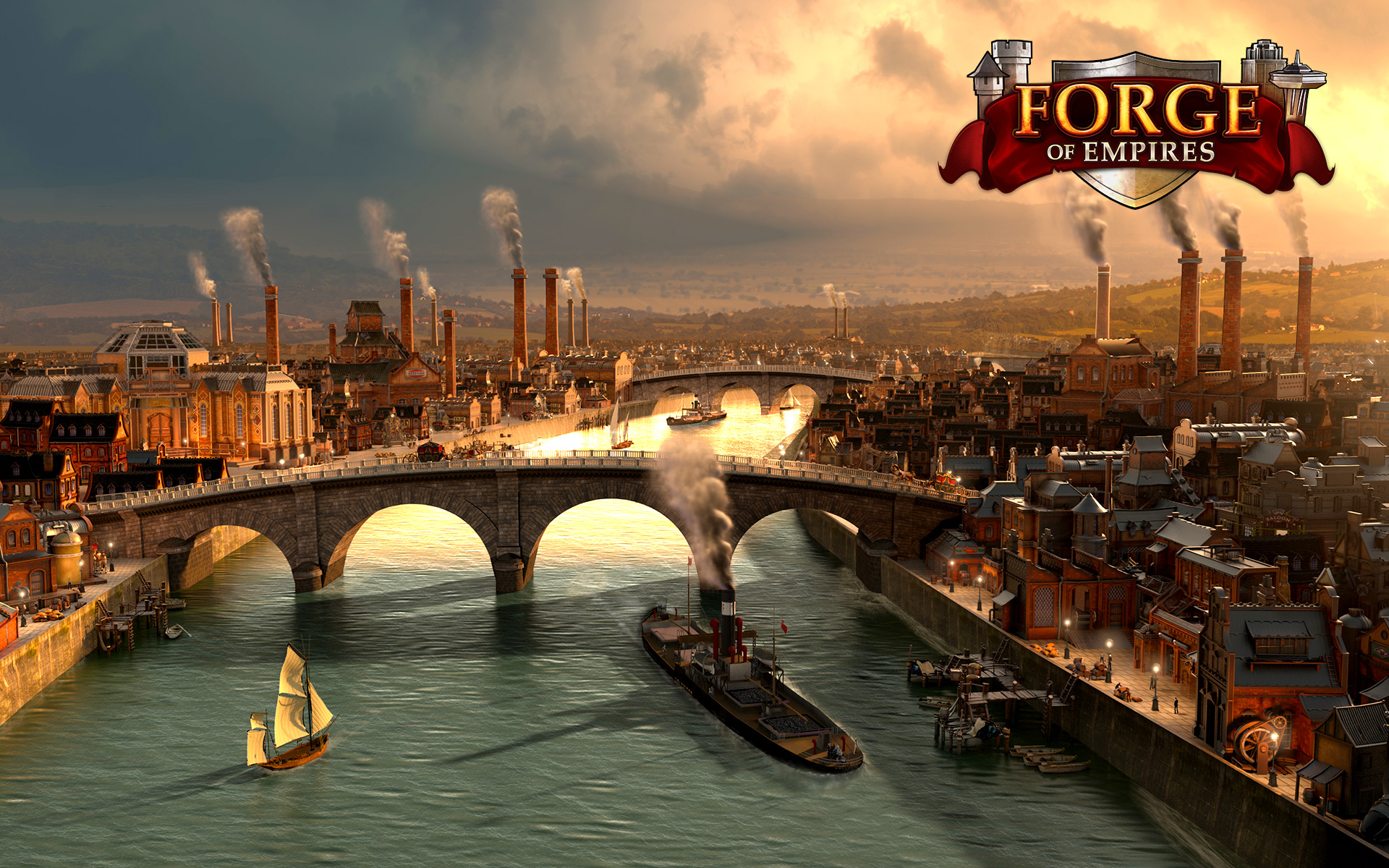 Ship Water Bridge Forge Of Empires River Video Games Cityscape City Building Clouds Factories Chimne 1920x1200