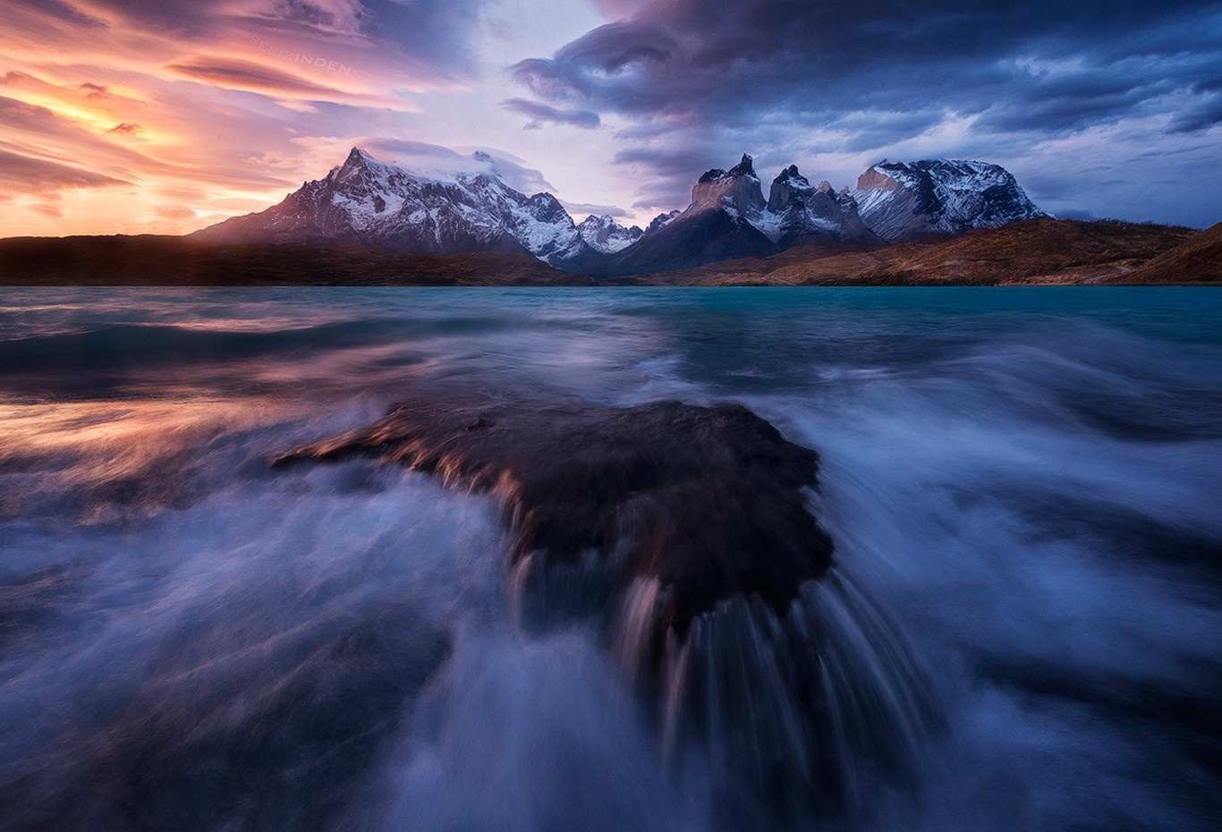 Sunset Mountains Torres Del Paine Lake Snowy Peak Clouds Waterfall Wind Water Chile Patagonia Landsc 1366x930