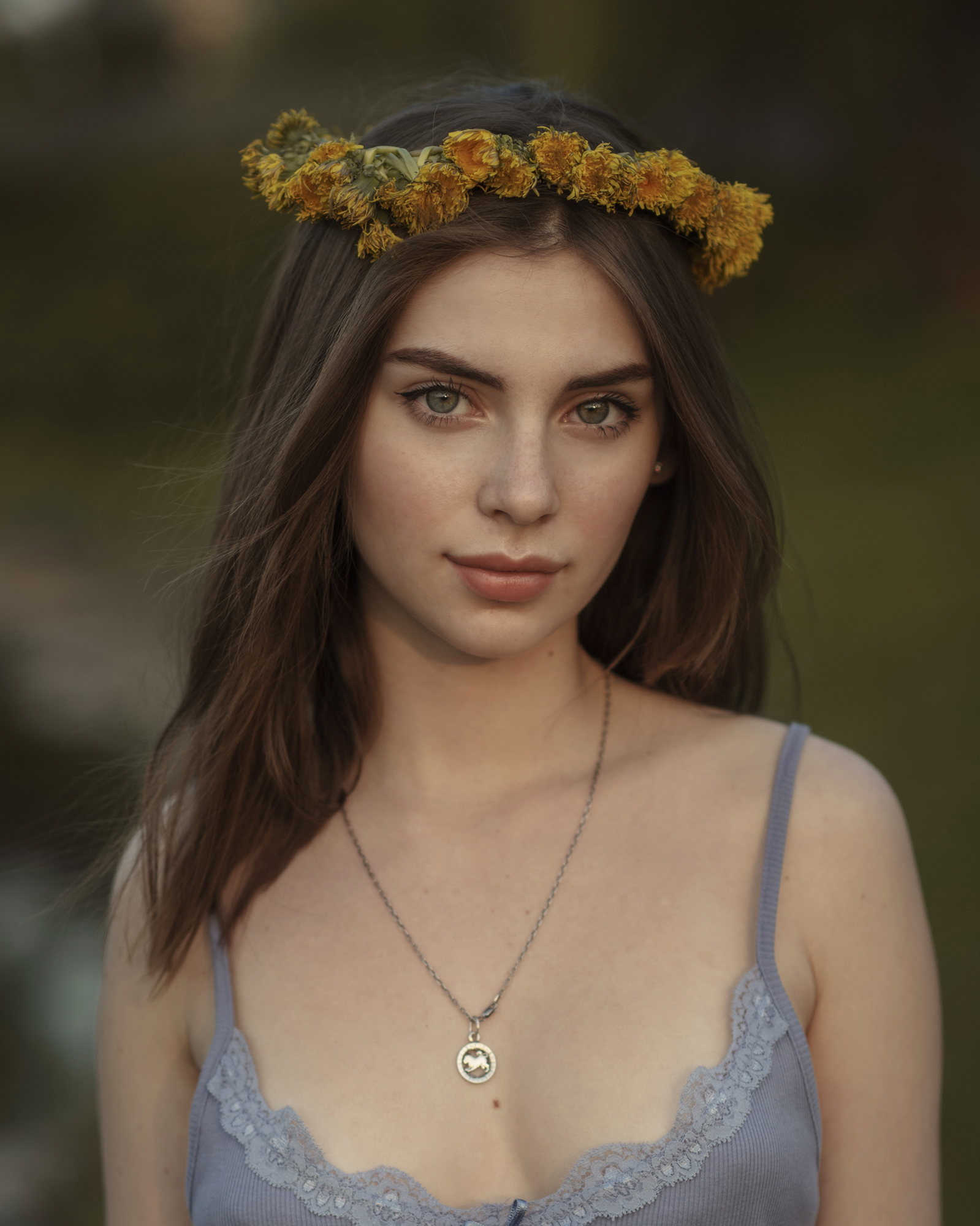 Women Outdoors Brunette Looking At Viewer Face Necklace Bare Shoulders Green Eyes Depth Of Field Por 1599x2000