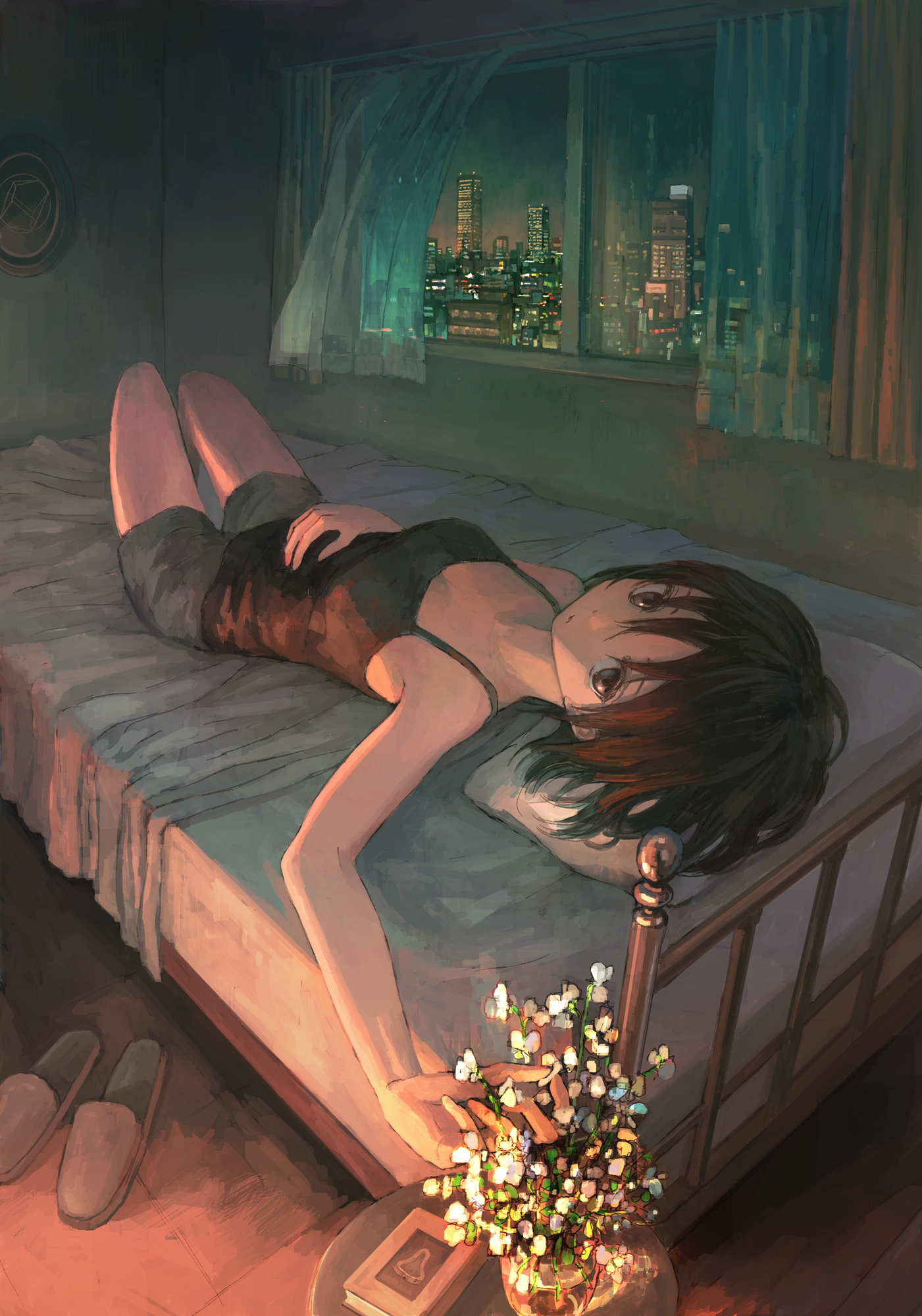 Anime Anime Girls Black Hair Original Characters Night Night View Bed In Bed Flowers Indoors Window 1401x2000