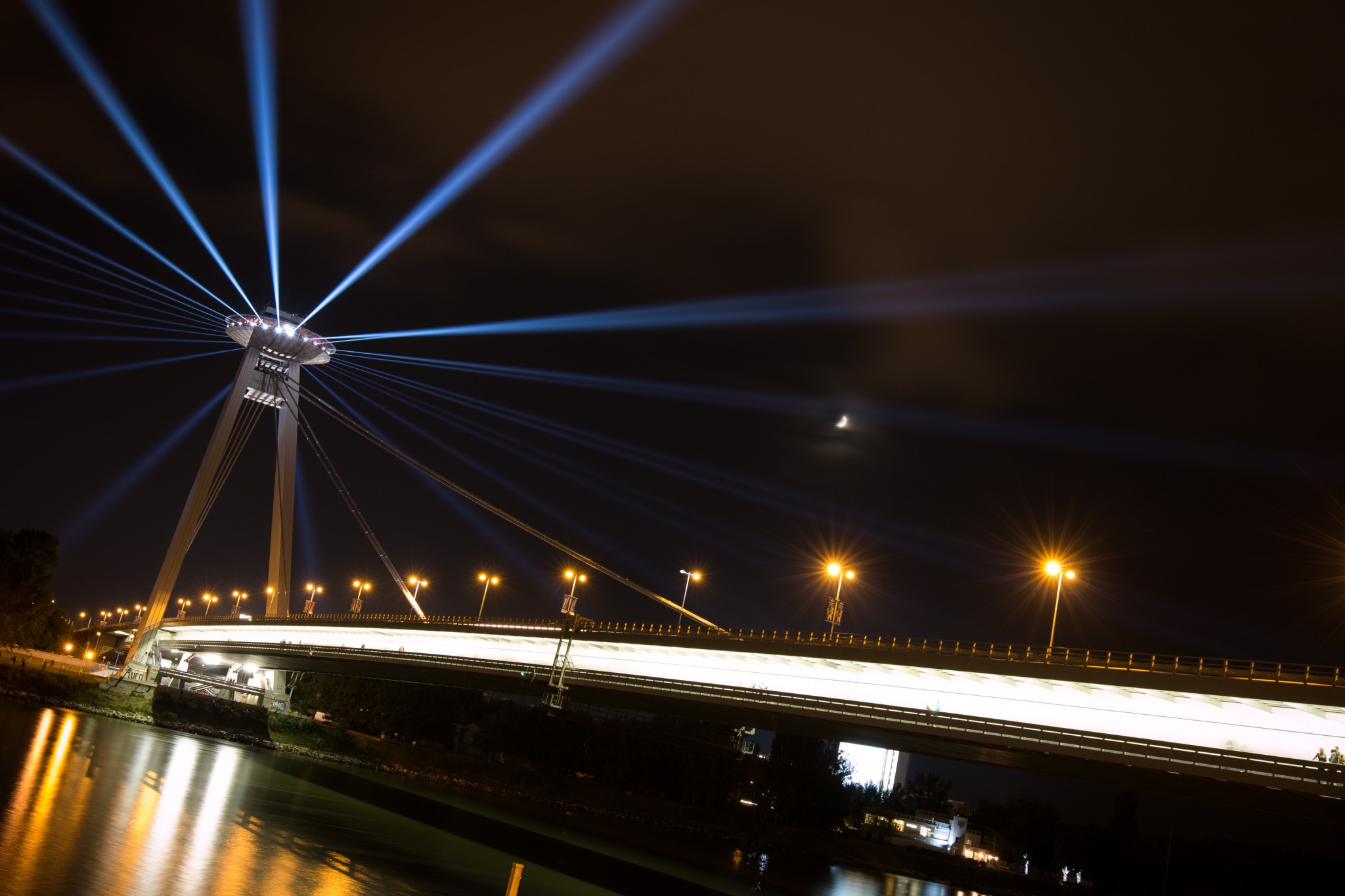 Bratislava Slovakia City Night Lights Architecture Bridge River Donau Street Light Reflection Long E 2048x1365