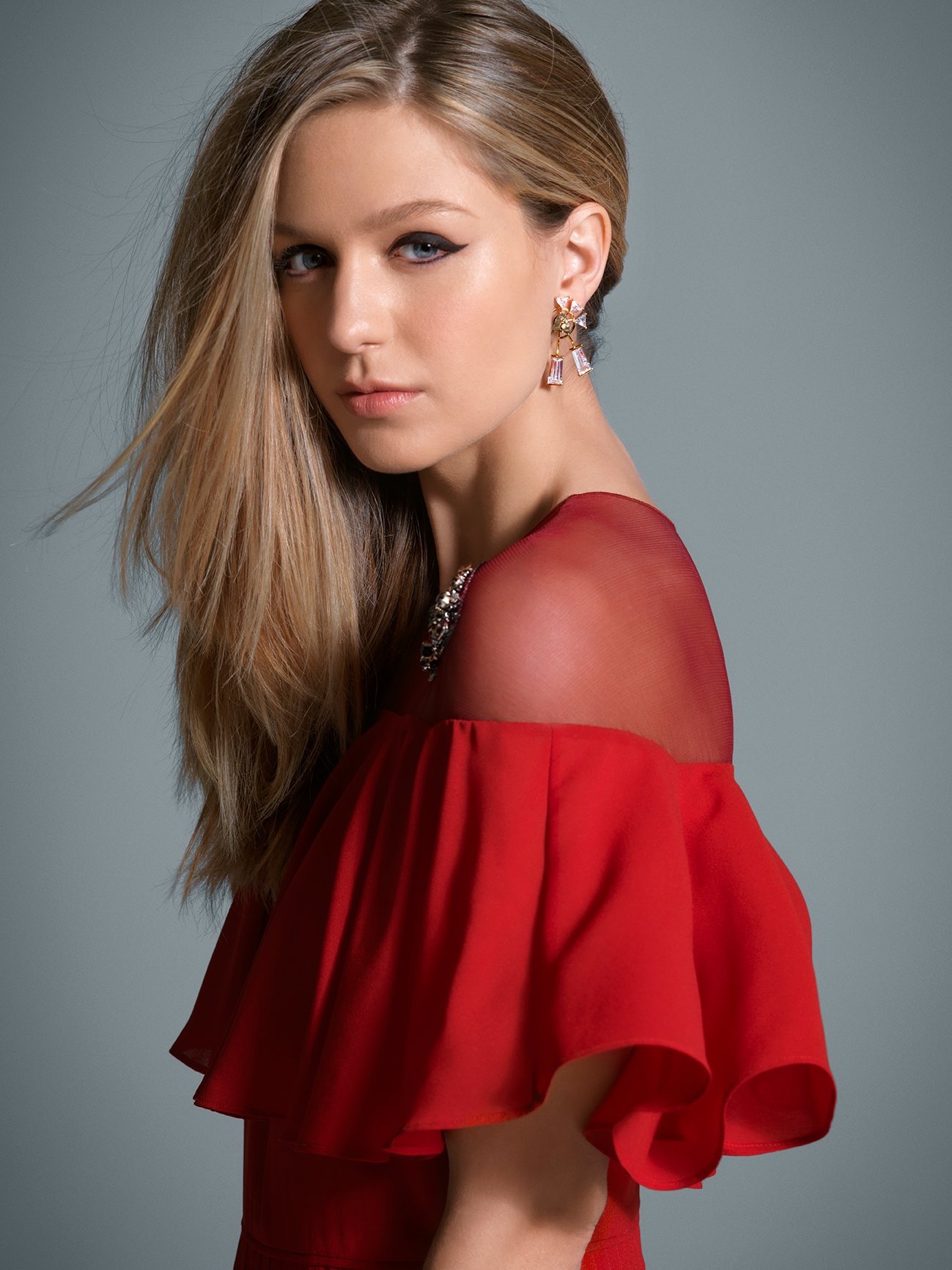 Melissa Benoist Actress Blue Eyes Women Straight Hair Long Hair Looking Over Shoulder Red Dress Blon 1299x1732