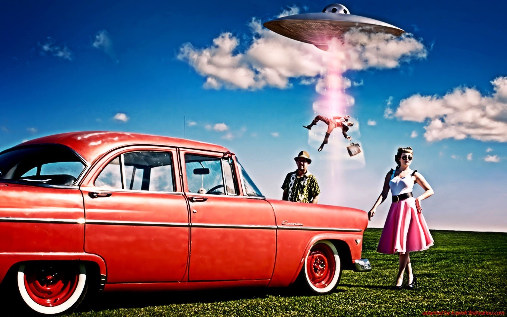 Car UFOs Red Cars Clouds Digital Art Oldtimer Vehicle Humor 1680x1050