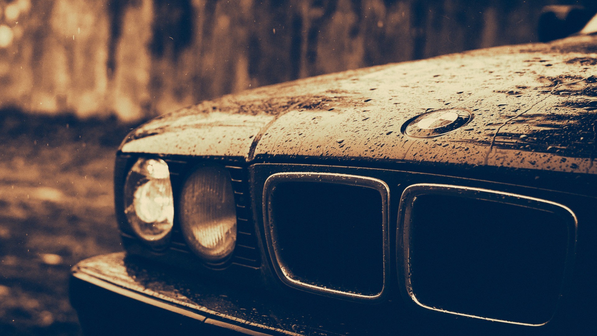 BMW Car BMW E34 BMW 5 Series Closeup Headlights Rain Sepia Monochrome Black Cars 1920x1080