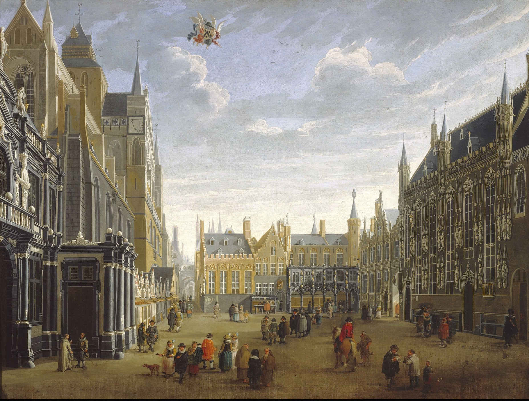 Artwork Painting People Traditional Art Bruges Belgium Old Building Town Square Oil Painting Clouds 1855x1408