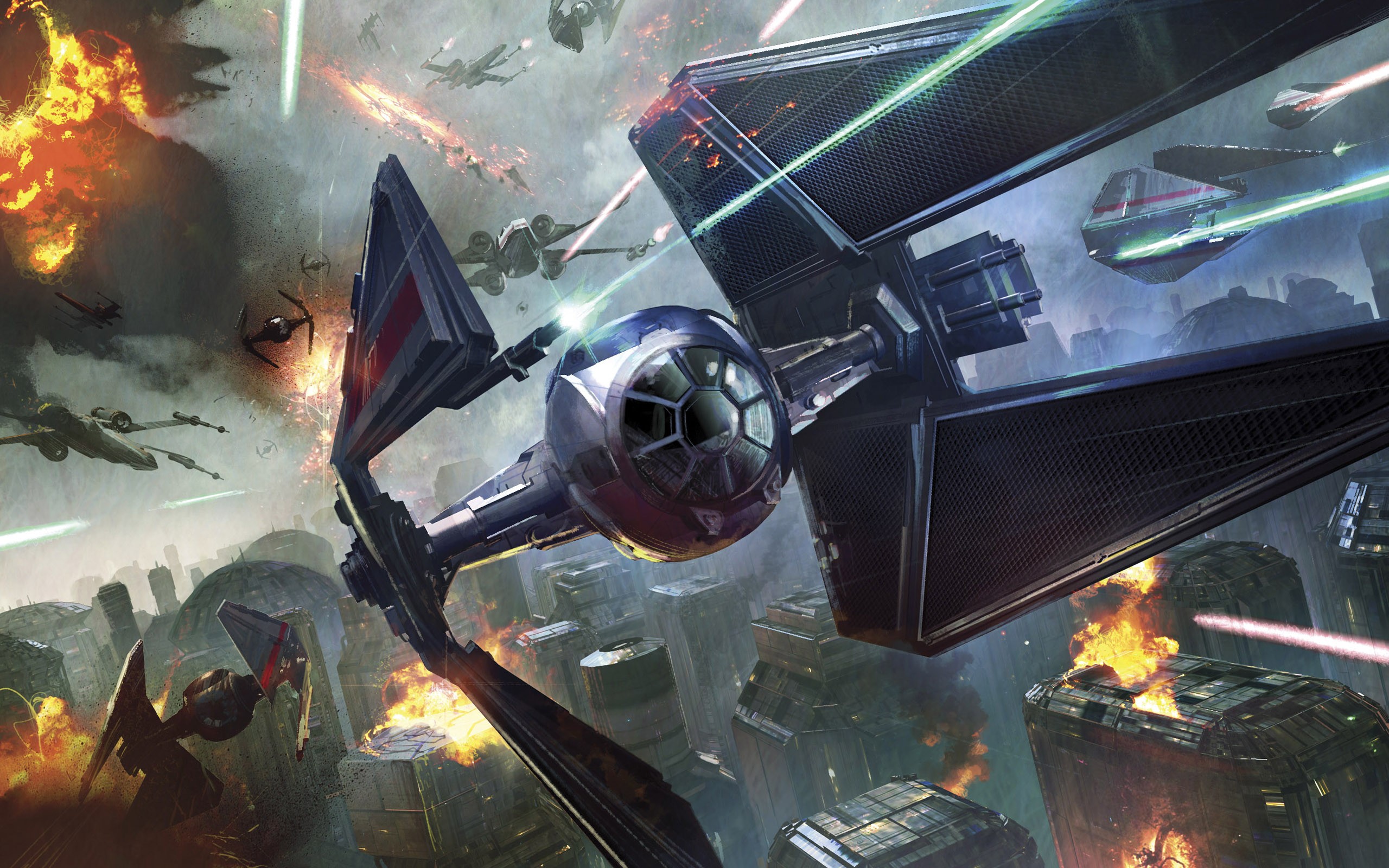 Star Wars TiE Interceptor Battle X Wing City Artwork 2560x1600