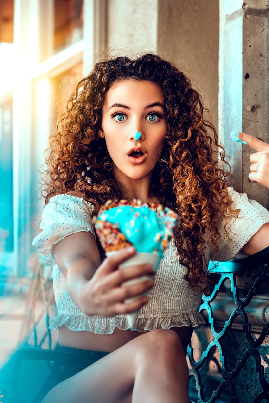 Women Model Redhead Long Hair Sofie Dossi Curly Hair Face Portrait Display Blue Eyes Open Mouth Ice  1118x1676