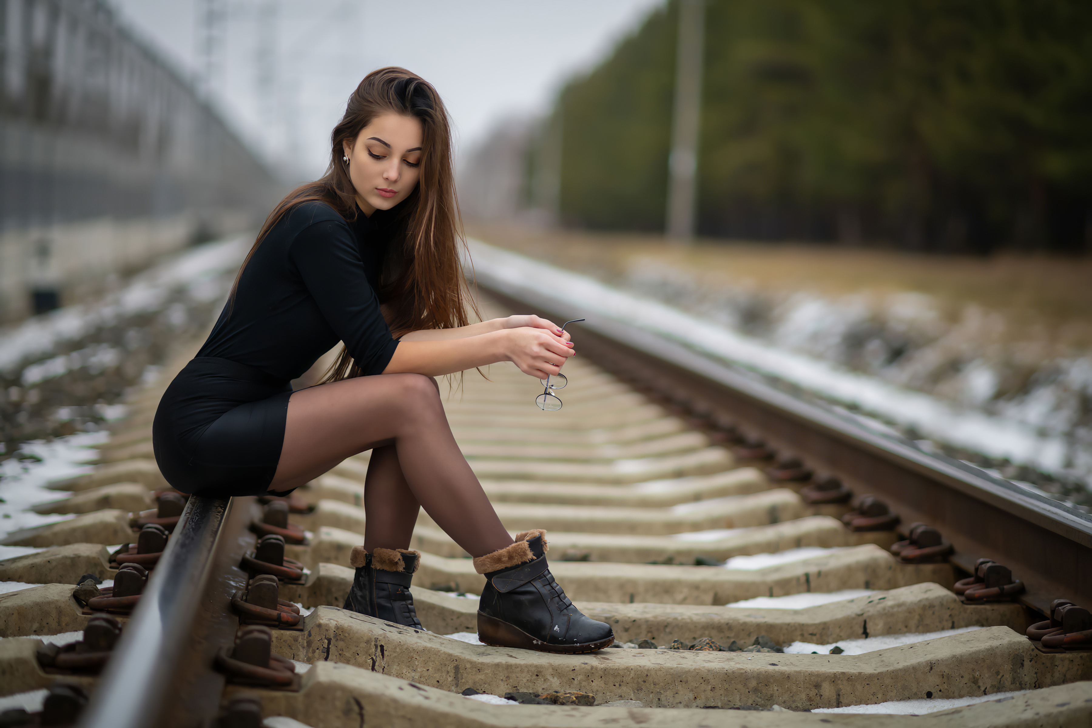 Women Model Brunette Long Hair Women Outdoors Glasses Railway Black Dress Depth Of Field Legs Side V 3600x2400