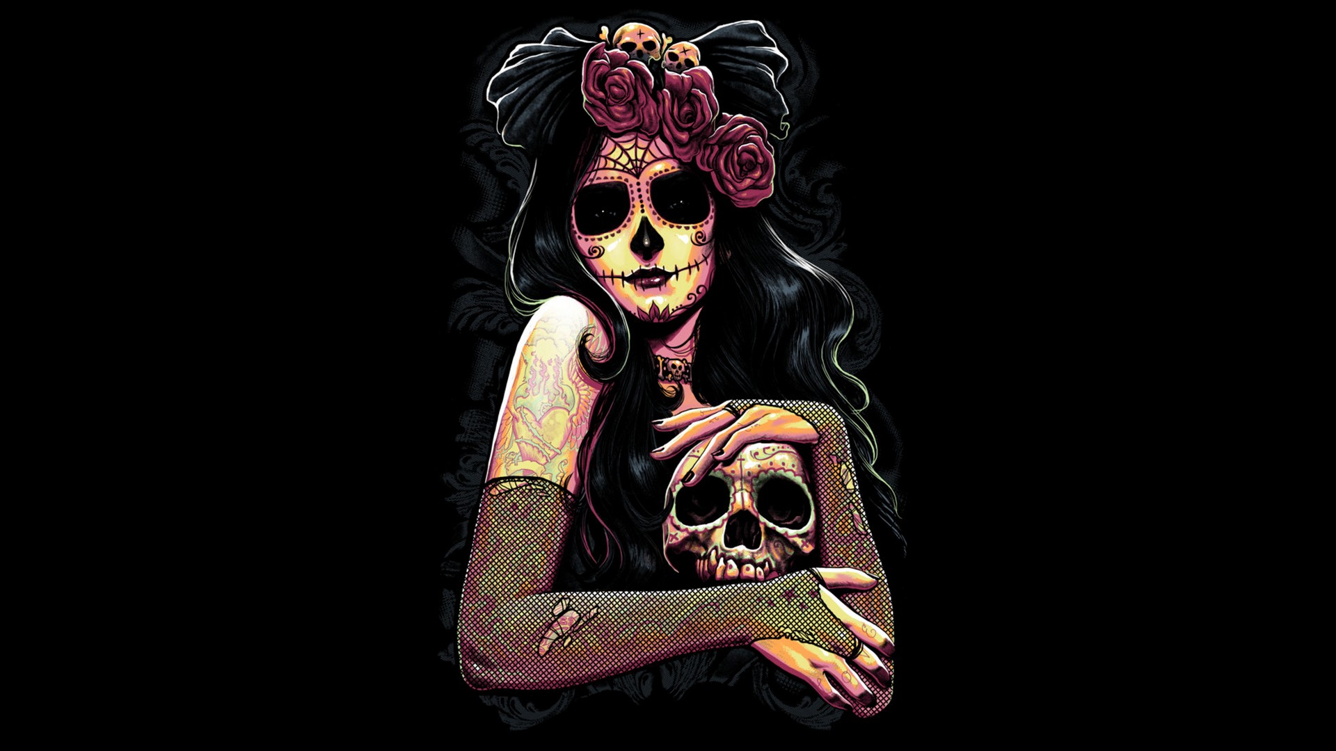 Woman Day Of The Dead Gothic Rose Sugar Skull 1920x1080