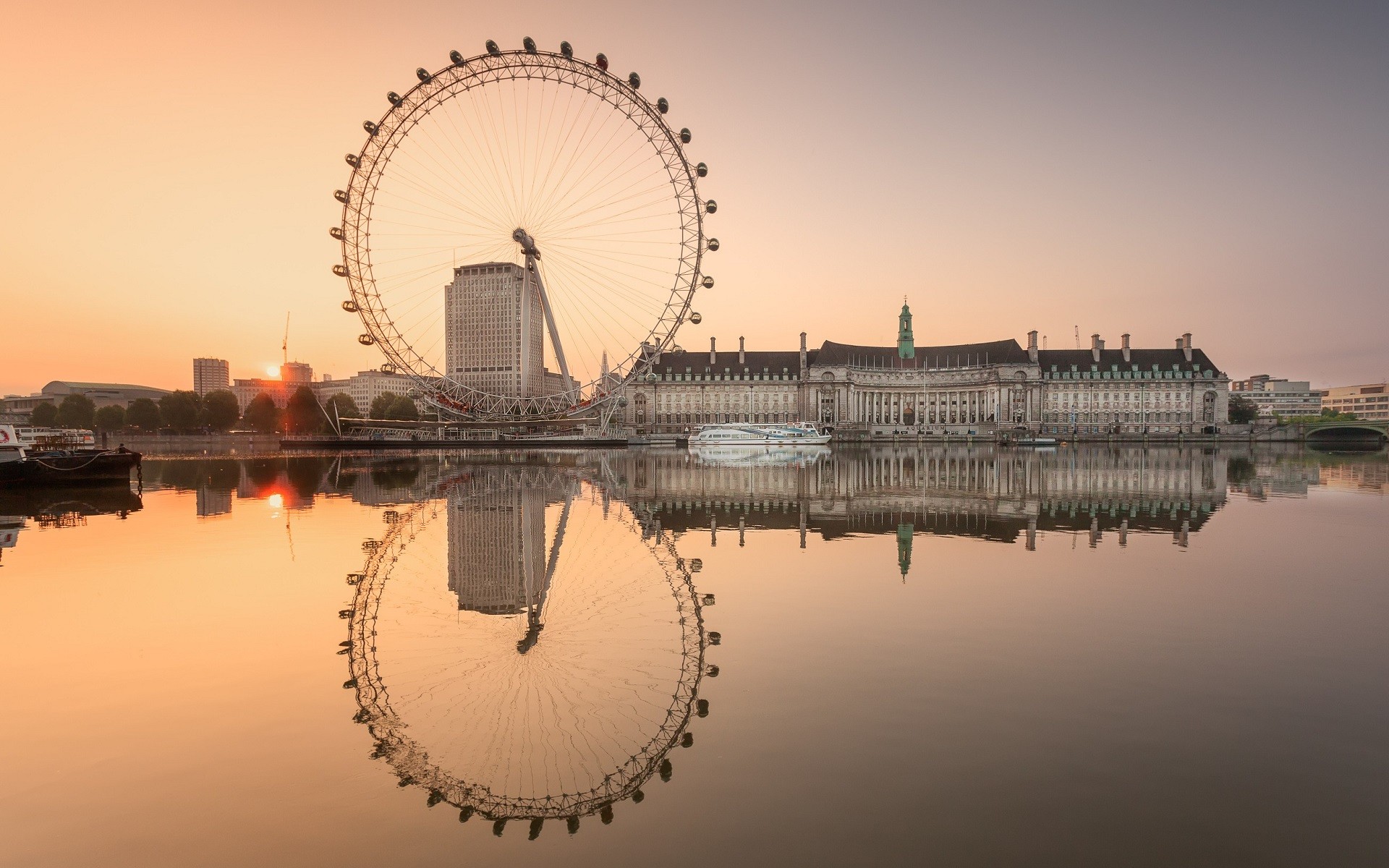 London England City Sea Water Reflection London Eye Ferris Wheel River River Thames Sunset Architect 1920x1200