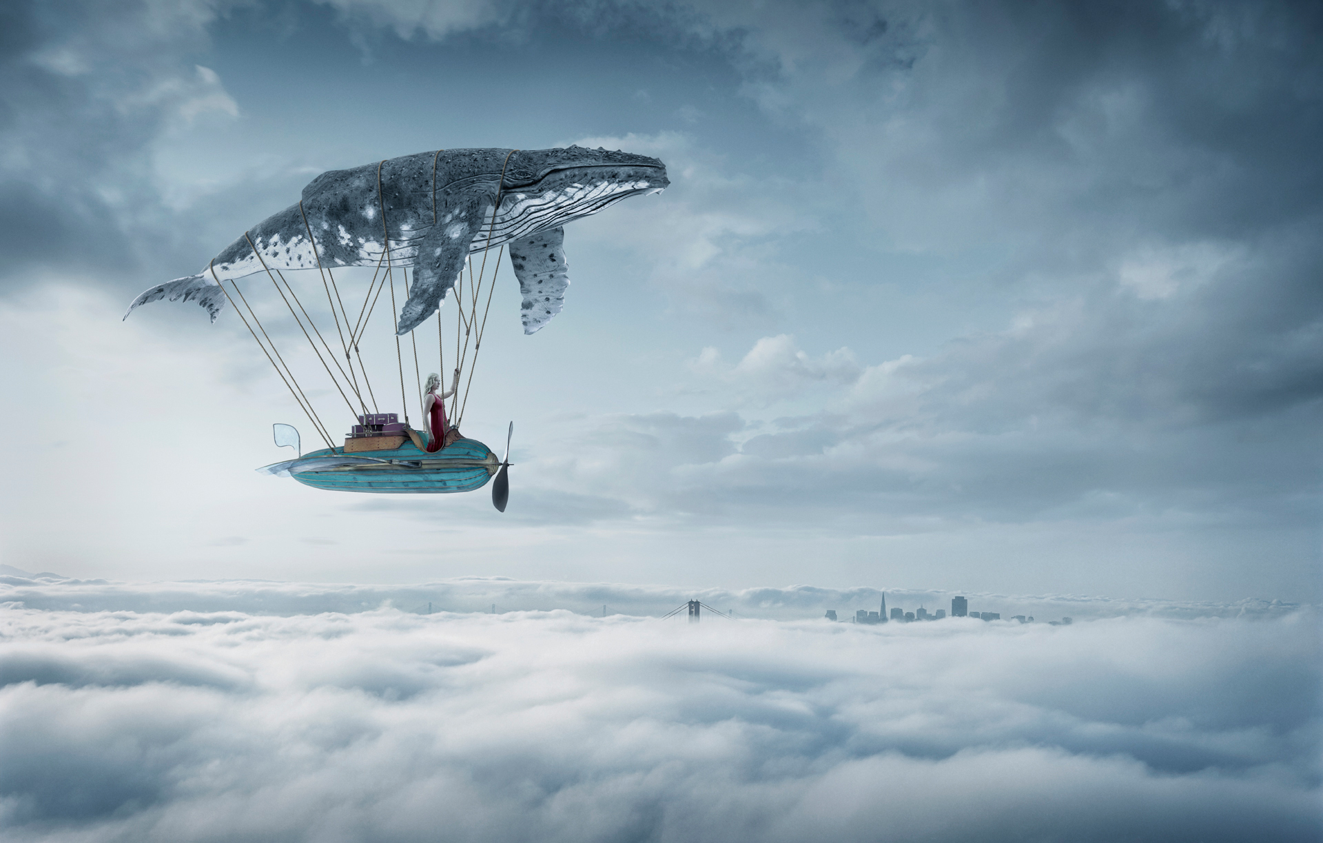 Artwork Digital Art Whale Zeppelin Clouds Fantasy Art Flying Women Submarine Red Dress Surreal Skysc 1920x1223