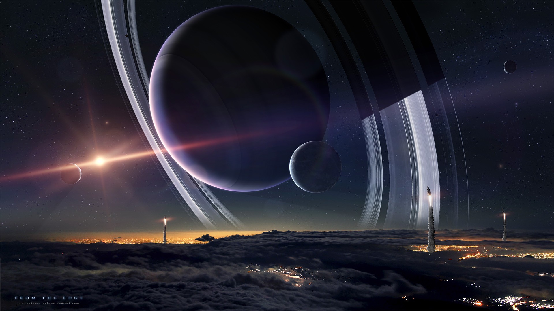 Space Planet Spacescapes Planetary Rings Moon Space Art Digital Art 1920x1080