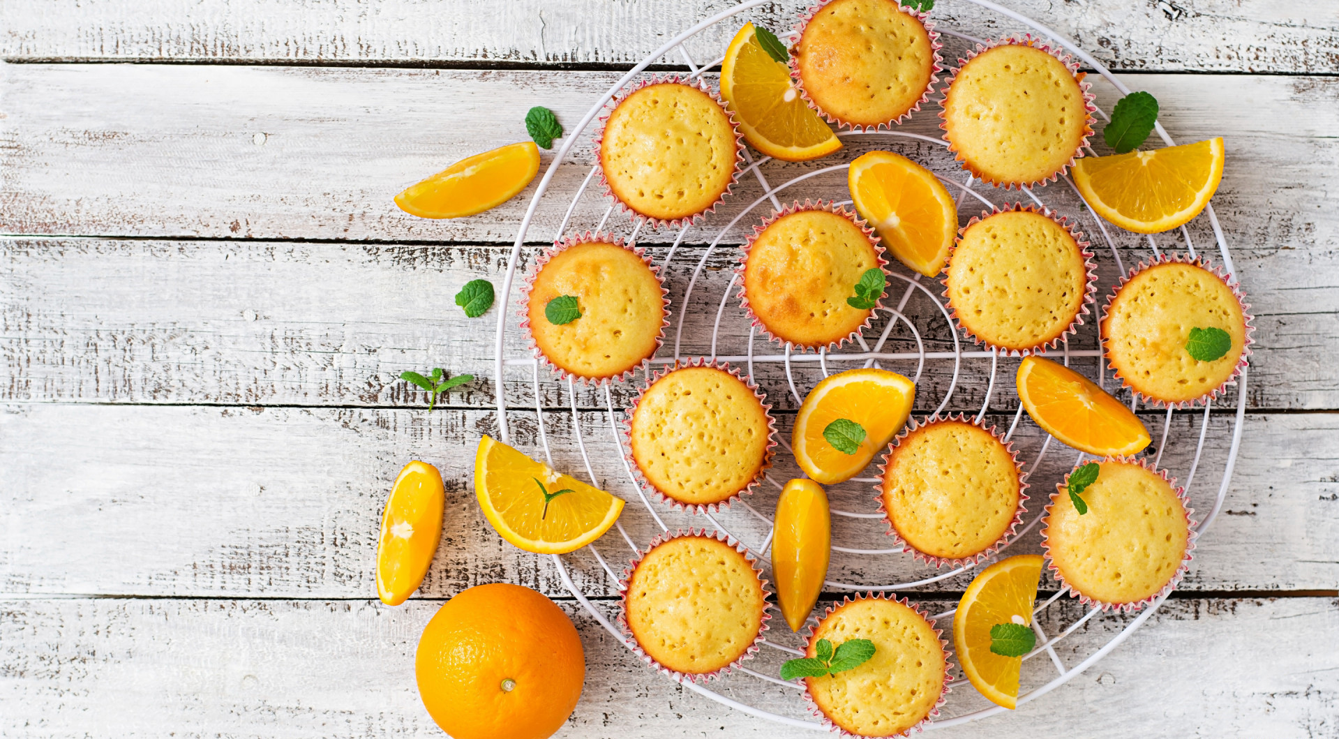 Muffins Colorful Sweets Food Fruit Orange Fruit Mint Leaves Wooden Surface Leaves Top View 1919x1059