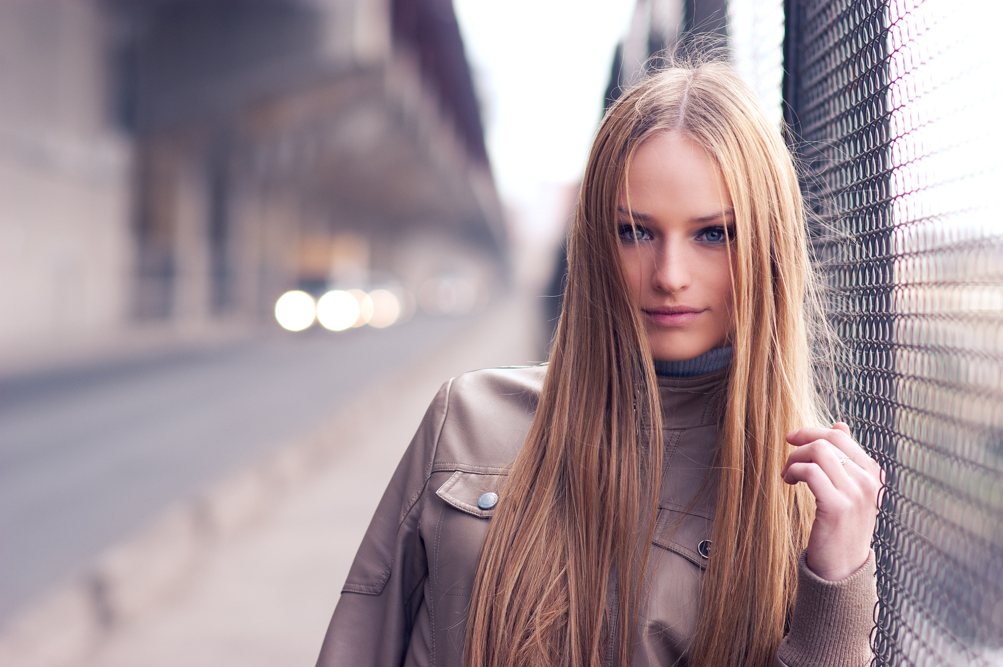 Women Blonde Blue Eyes Leather Jackets Looking At Viewer Face Portrait Nikita Zavolokin Long Hair St 2048x1363