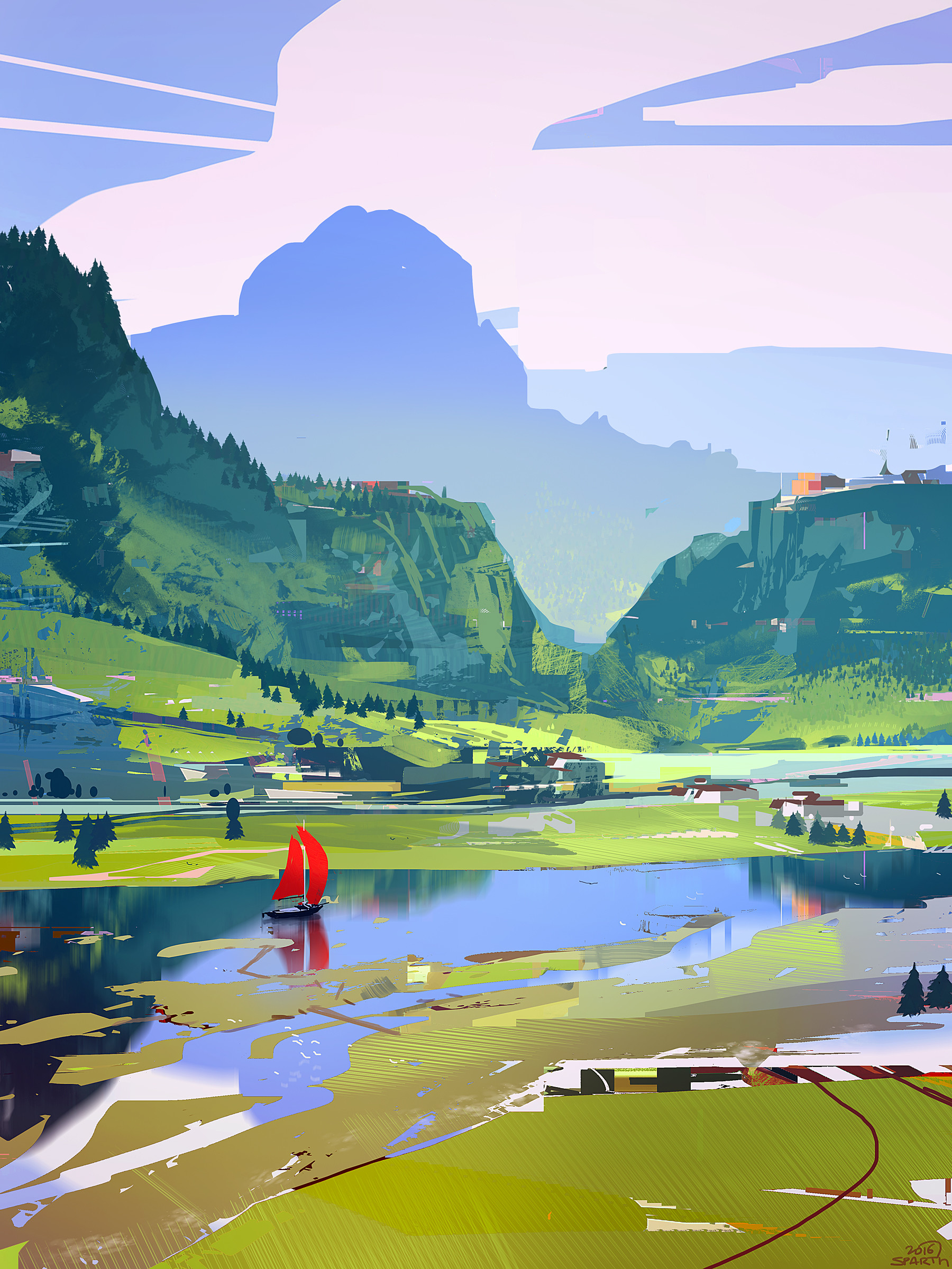 Sparth Landscape People Digital Art Nature Mountains Lake Water Painting Boat Concept Art 1800x2400