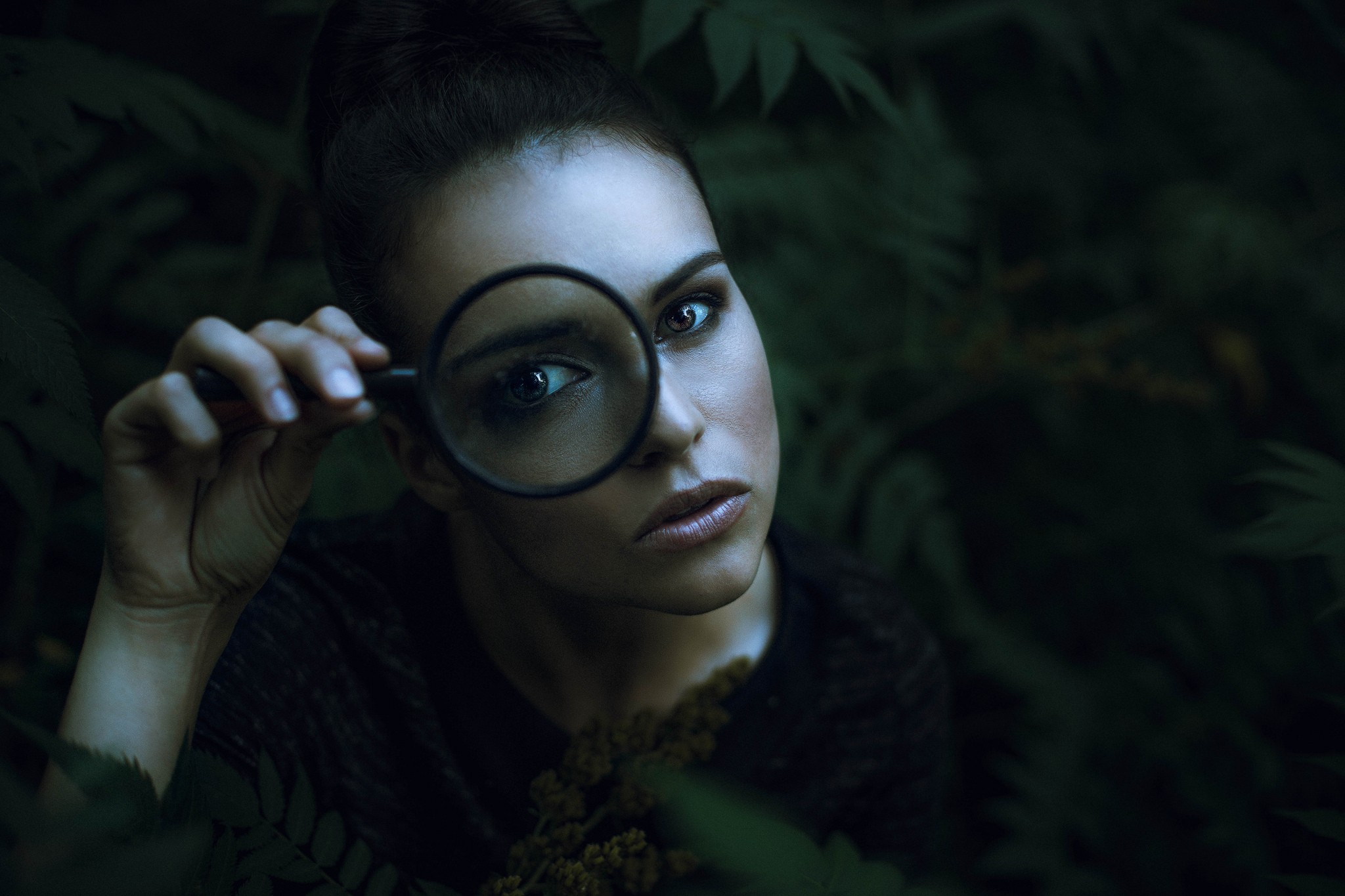 Women Portrait Face Magnifying Glass Model Leaves Eyes Plants 2048x1365