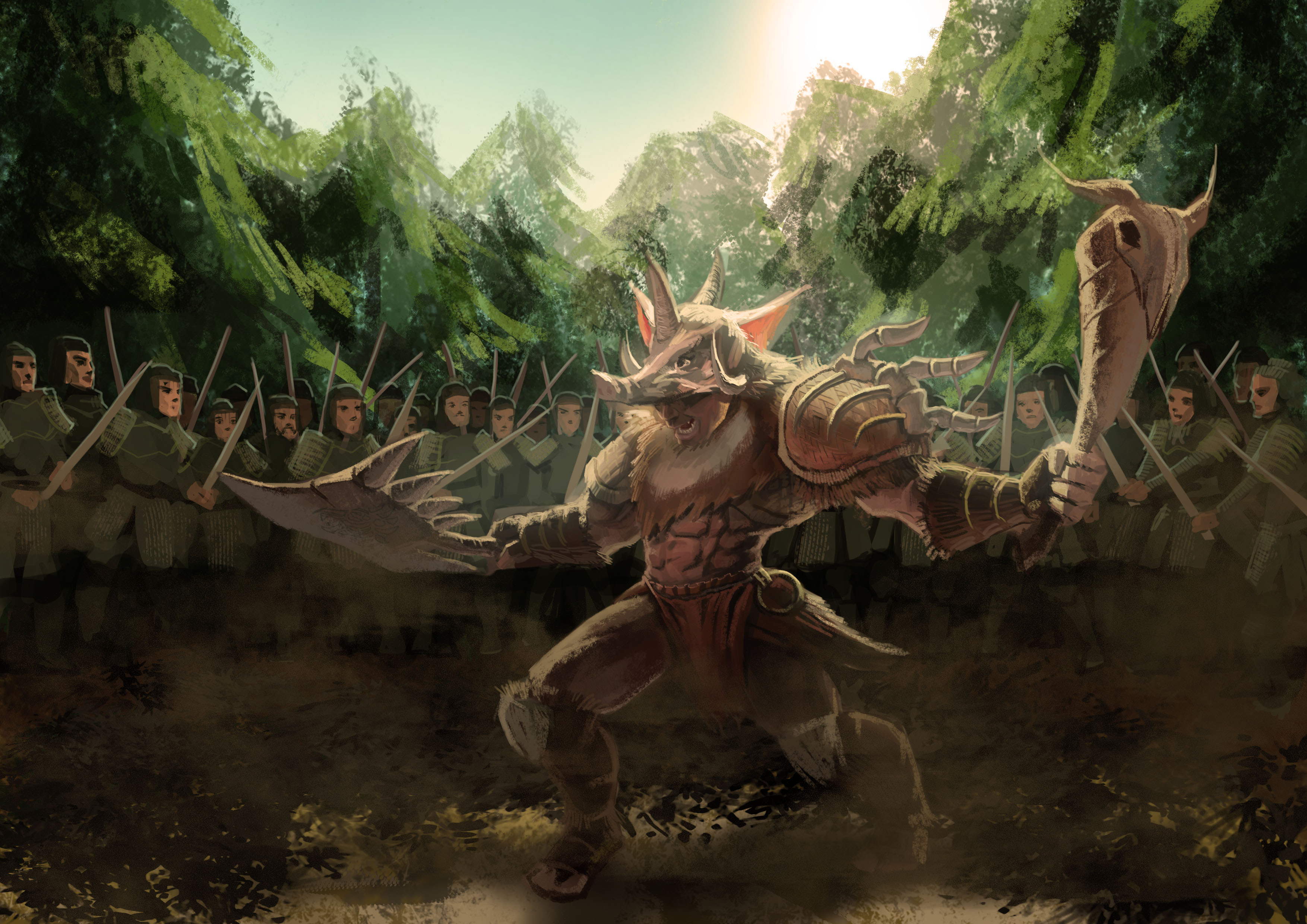 Warrior Soldier Fantasy Art Horns Sword Trees Clubs Boars Fighting Muscular Muscles Fur Dust Battle  3508x2480