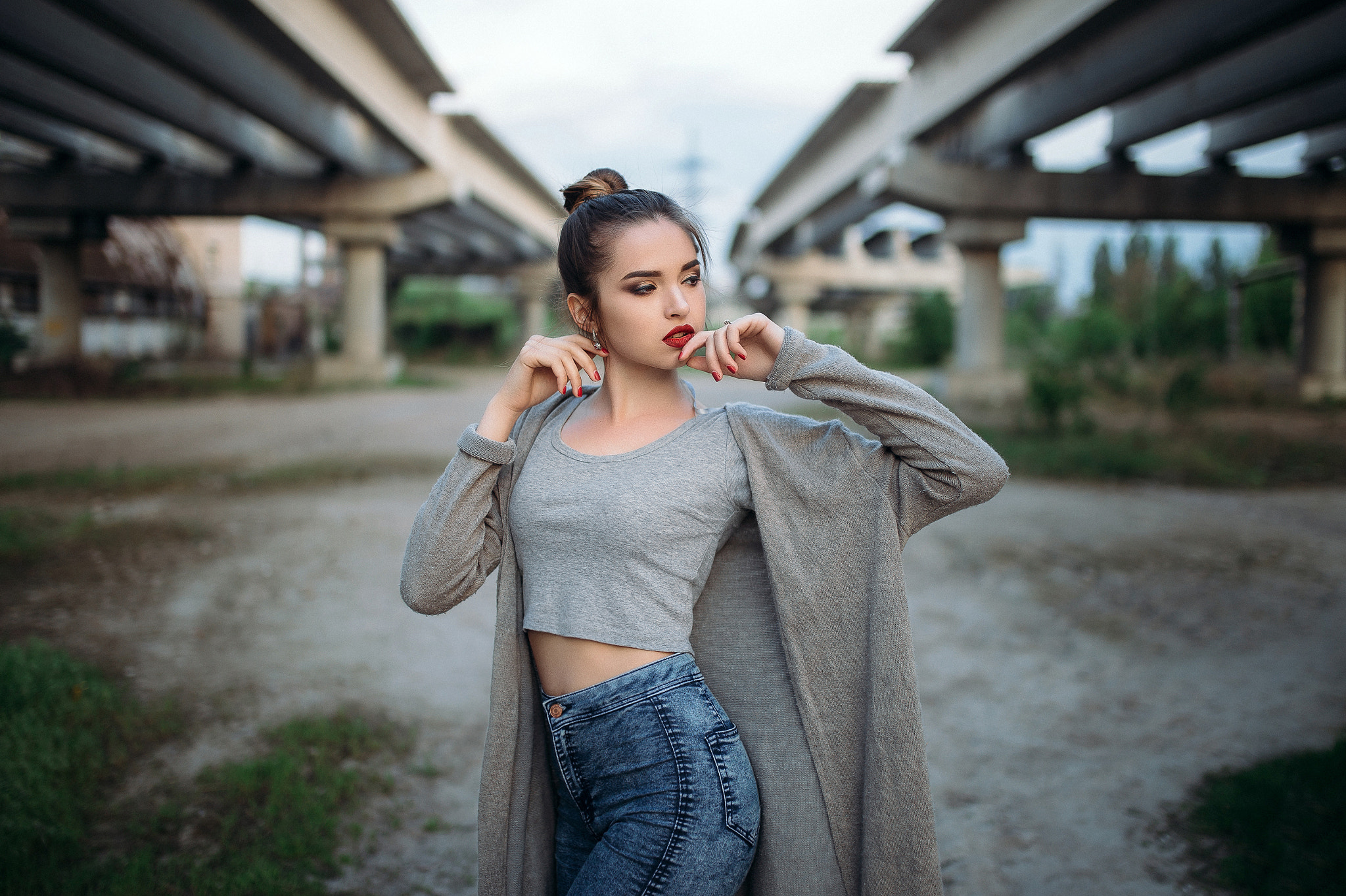 Women Red Lipstick Jeans Hairbun Red Nails Women Outdoors Portrait Grey Sweater Looking Away Grey To 2048x1365