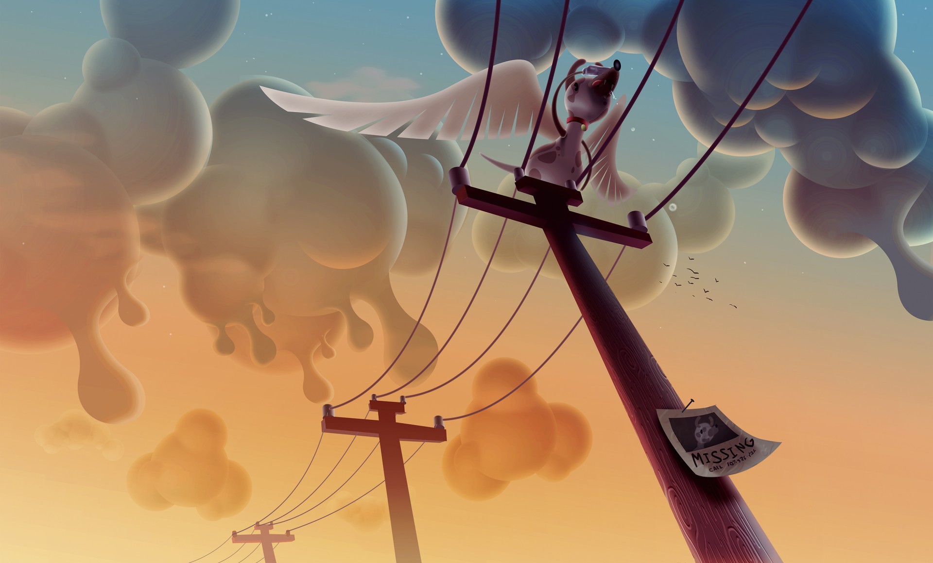 Digital Art Aaron Campbell Animals Utility Pole Dog Clouds Wings Humor 1920x1160