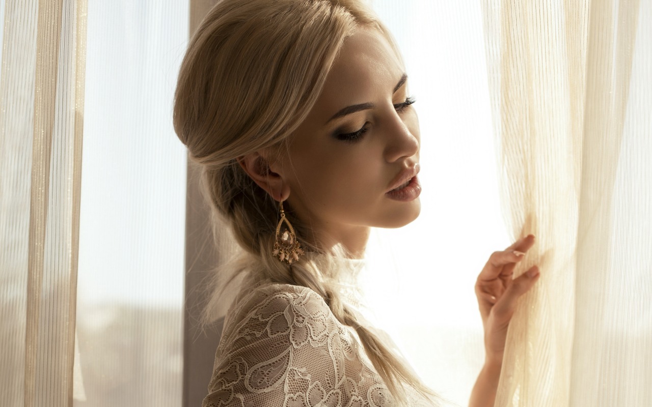 Blonde Model Women Braids Dress Makeup Braided Hair Parted Lips Earring Curtains Window Women Indoor 1280x800