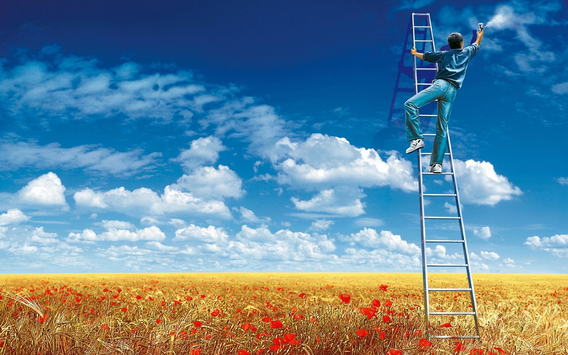 Sky Clouds Field Flowers Ladders Men Spray Painting Digital Art Creativity 1920x1200
