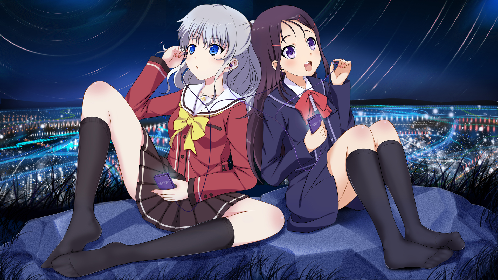 Nao Tomori Ayumi Otosaka Sitting Skirt Night Anime Charlotte Anime White Hair Purple Eyes Smile Sock 1920x1080